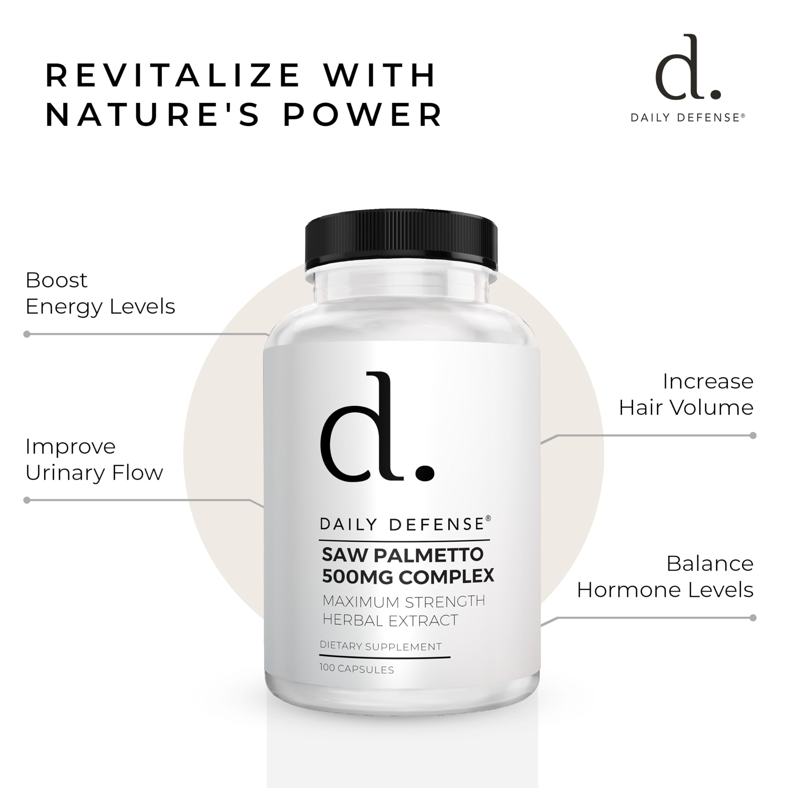 Daily Defense Saw Palmetto Capsules on wooden table