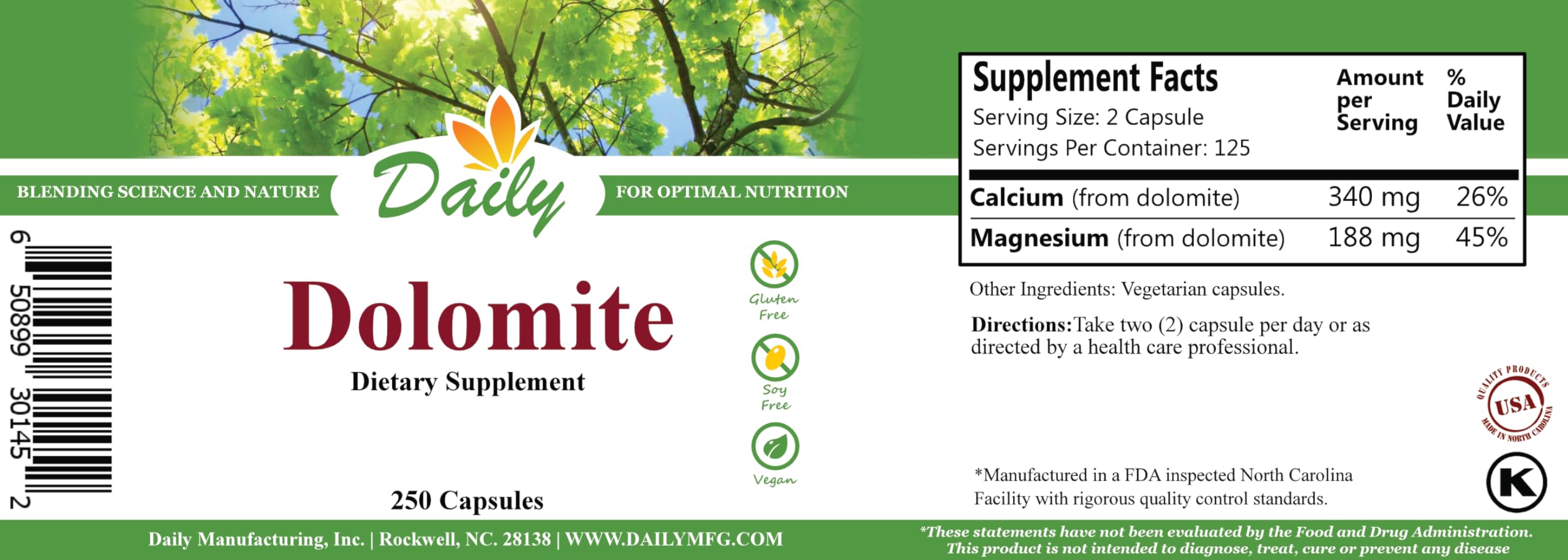 Daily Manufacturing Dolomite Calcium Supplement 250 vegetarian capsules bottle