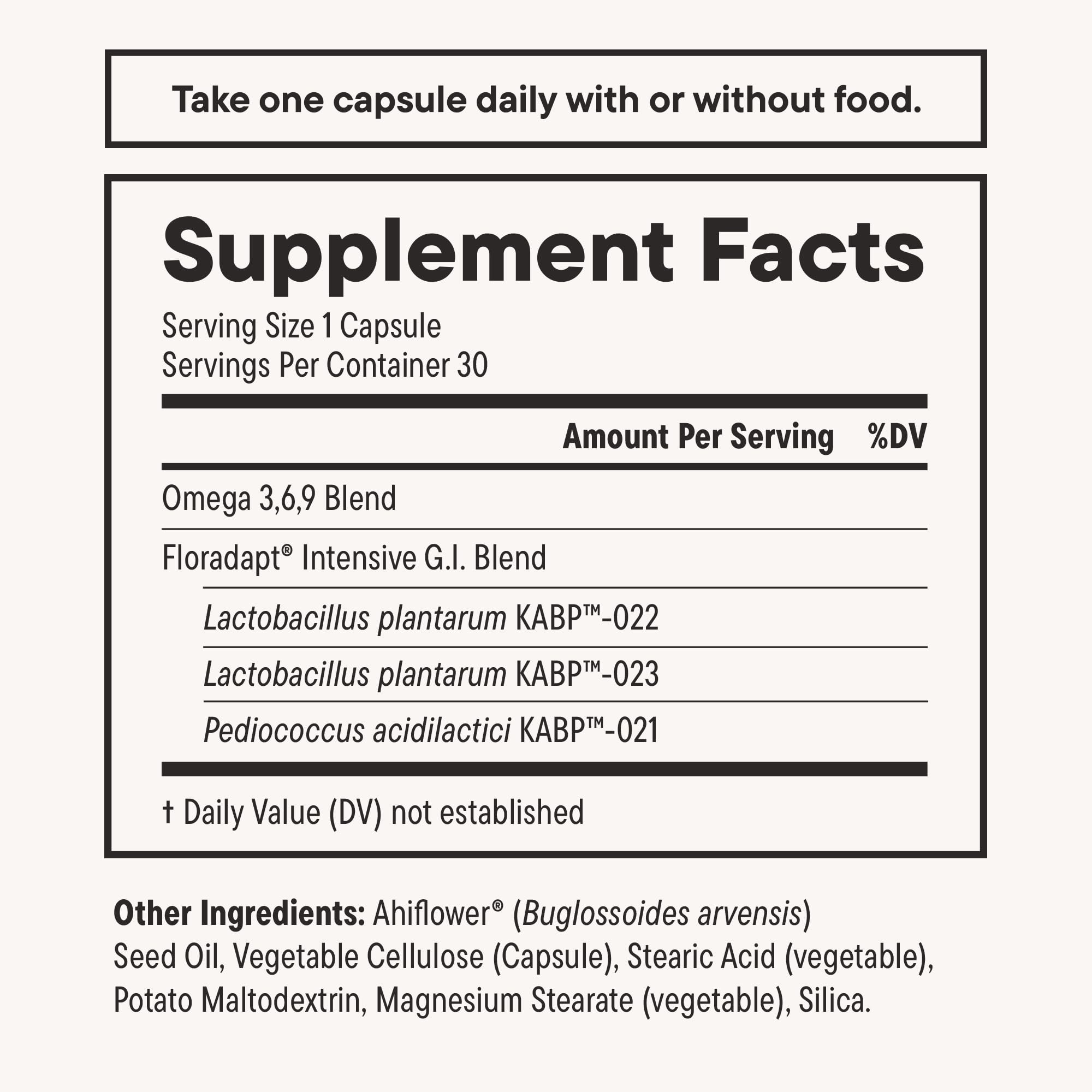 Daily Nouri Omega-3 Probiotic Capsules showing capsule size