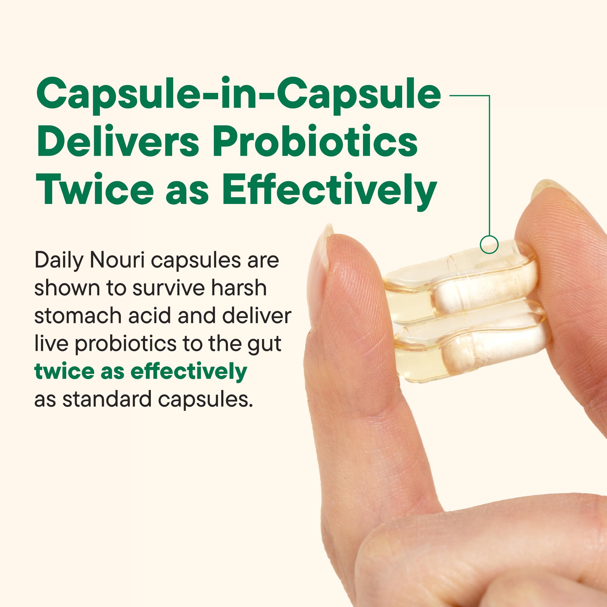 Daily Nouri Stress Probiotic capsules on a wooden table