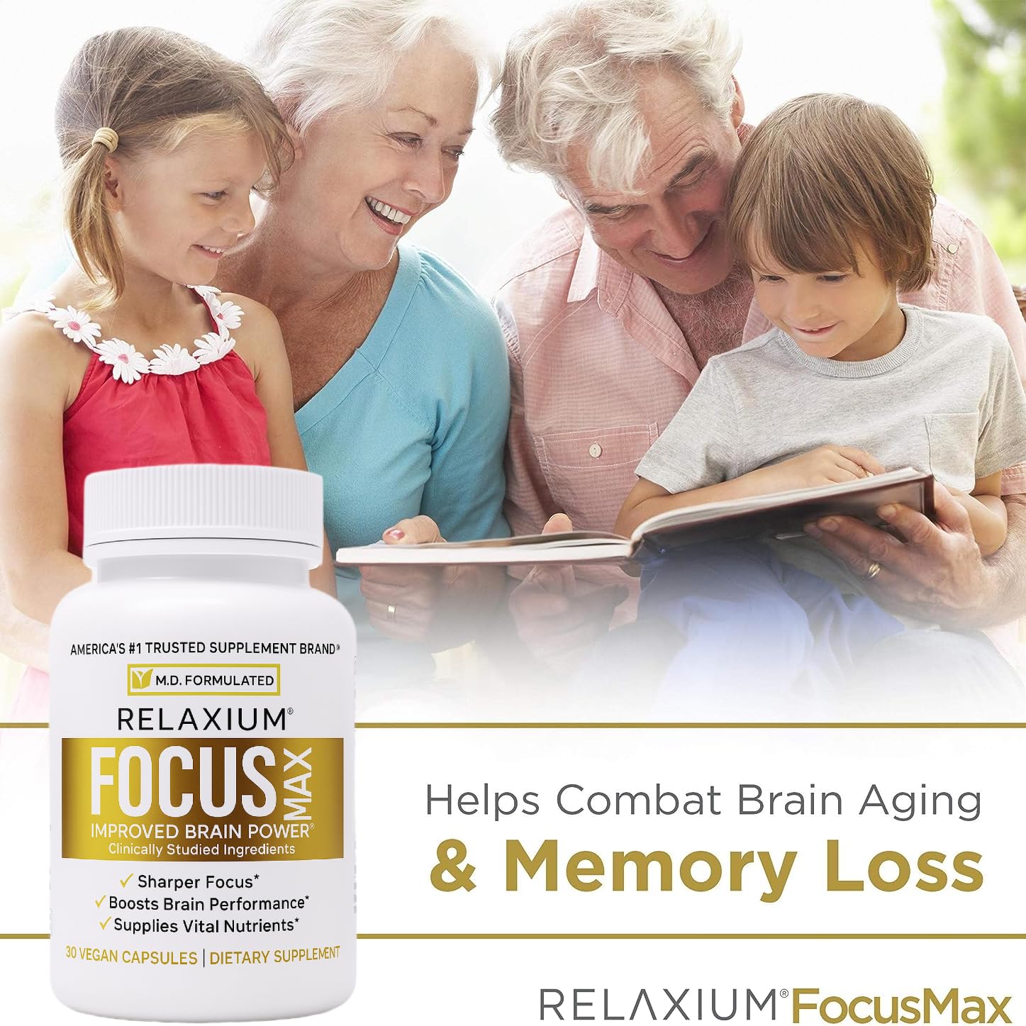 daily wellness Focus Max supplement bottle with a measuring spoon