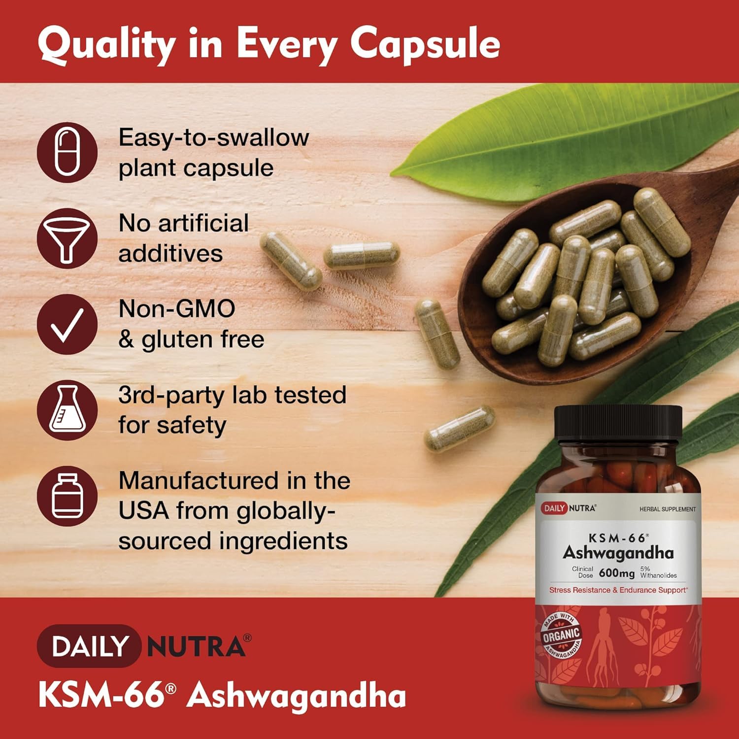 DailyNutra KSM-66 Ashwagandha Capsules 600mg with Bioperine close-up