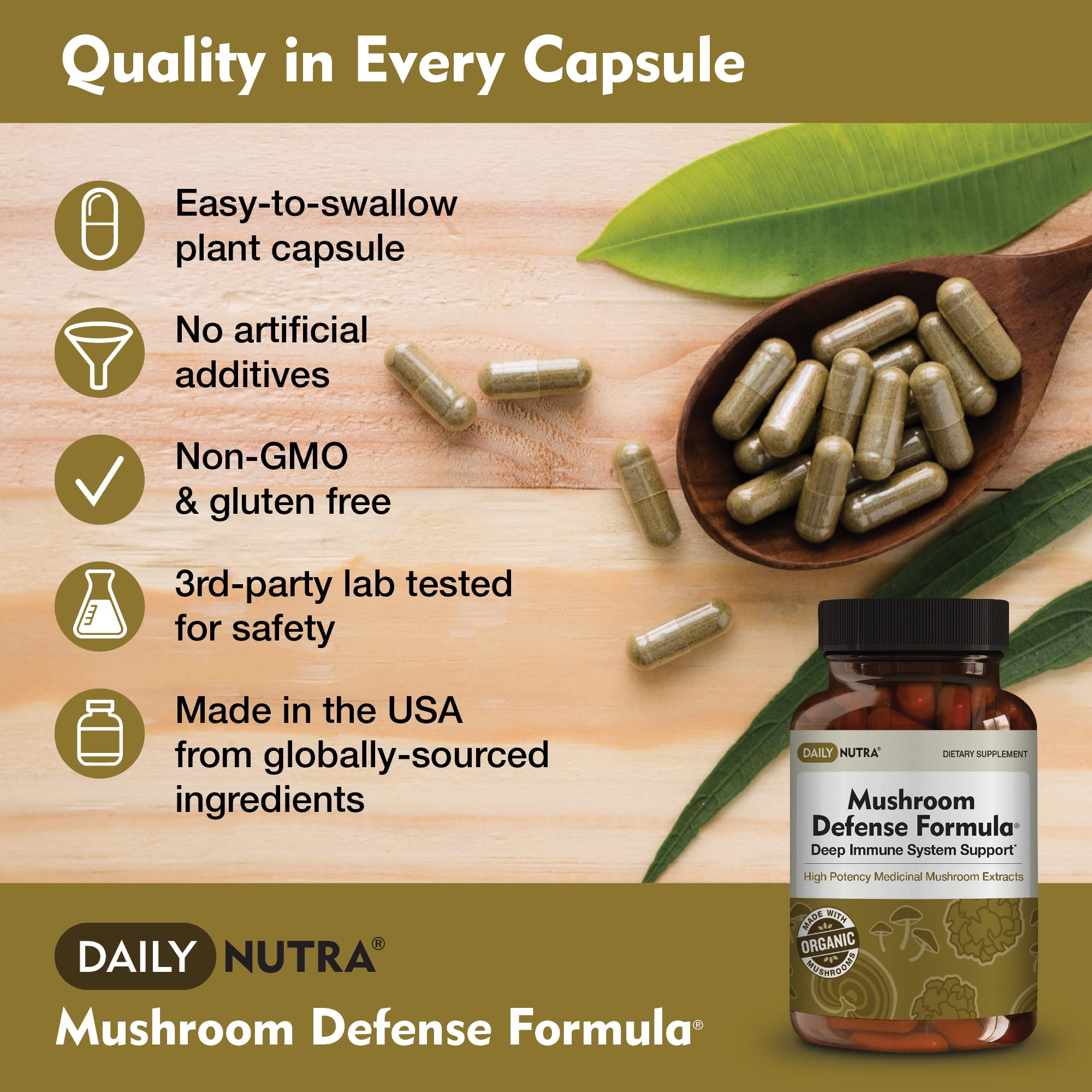 DailyNutra Mushroom Blend Supplement on a wooden table with a glass of water