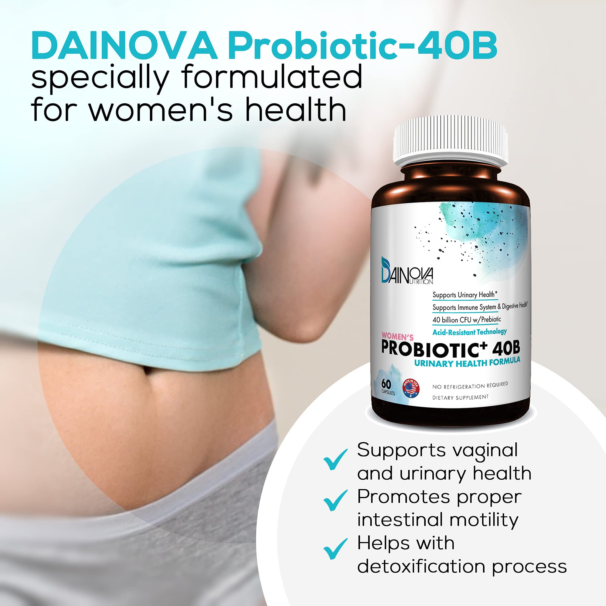 Dainova Nutrition Women's Probiotic Capsules on a wooden table