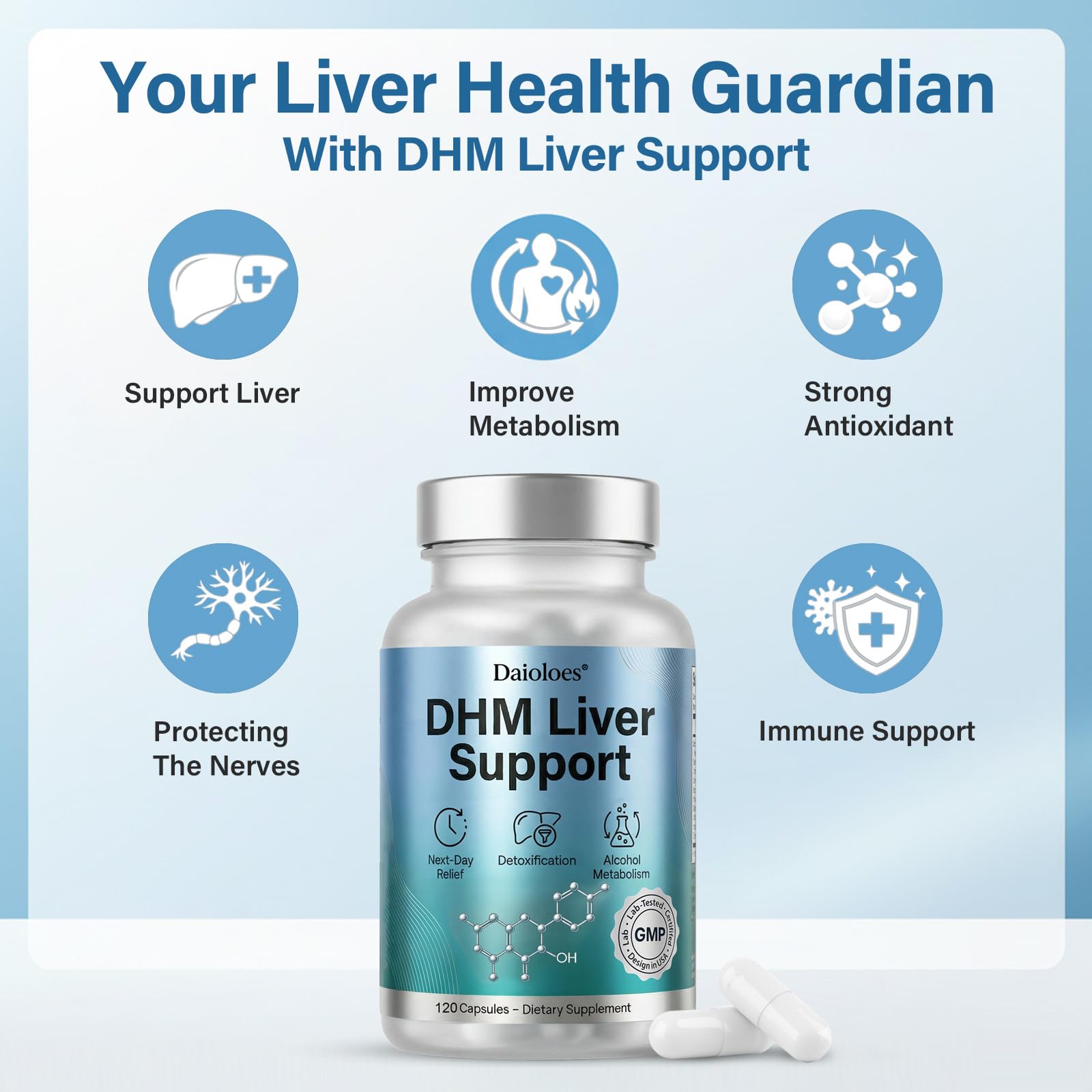 Daioloes DHM Extract Capsules displayed with fresh herbs