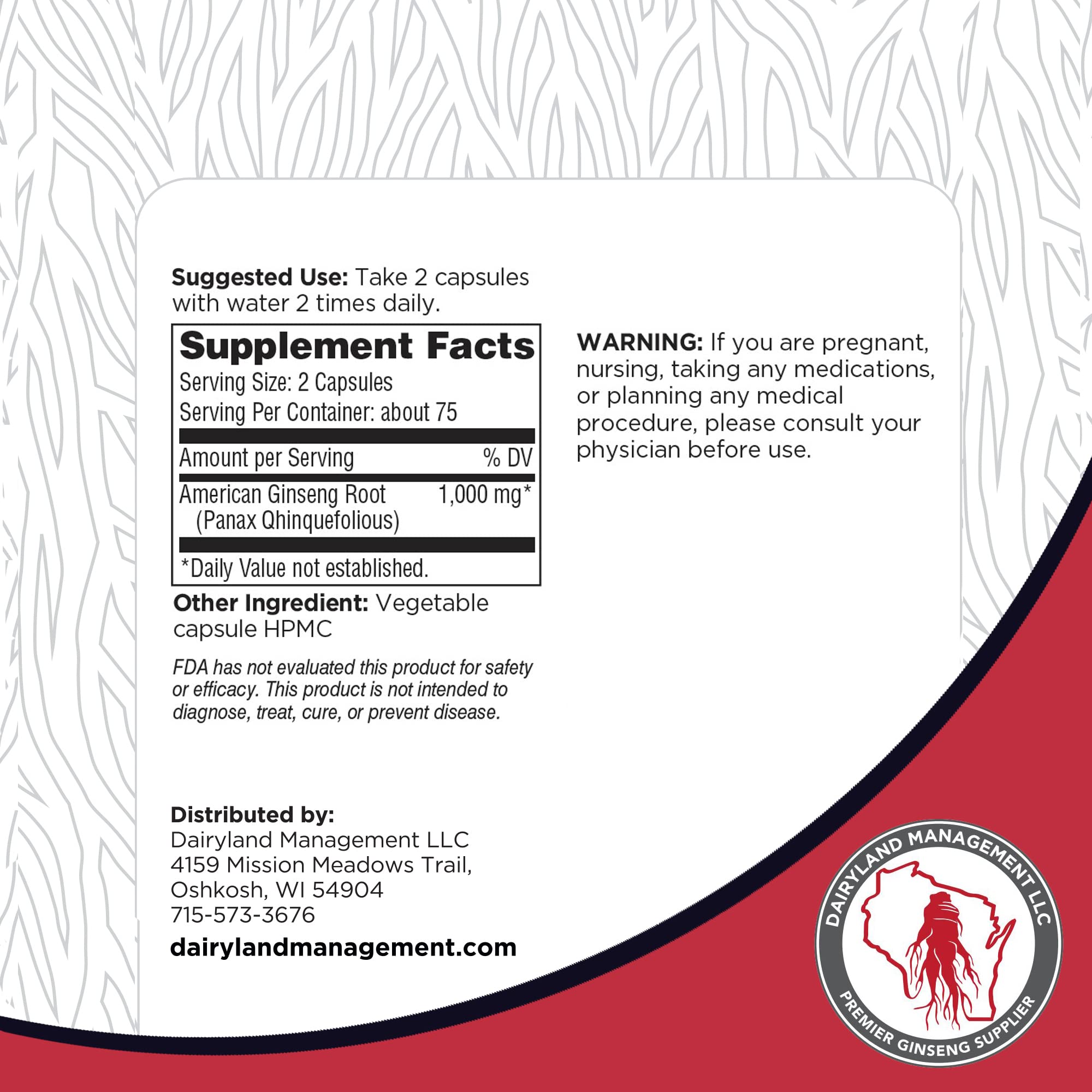 Dairyland Management LLC American Ginseng Capsules 500mg close-up of a single capsule