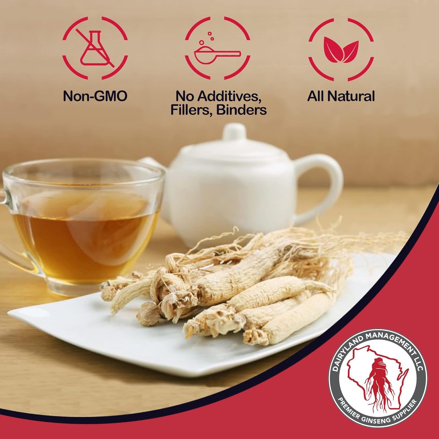 Dairyland Management LLC American Ginseng Capsules 500mg lifestyle scene with a glass of water