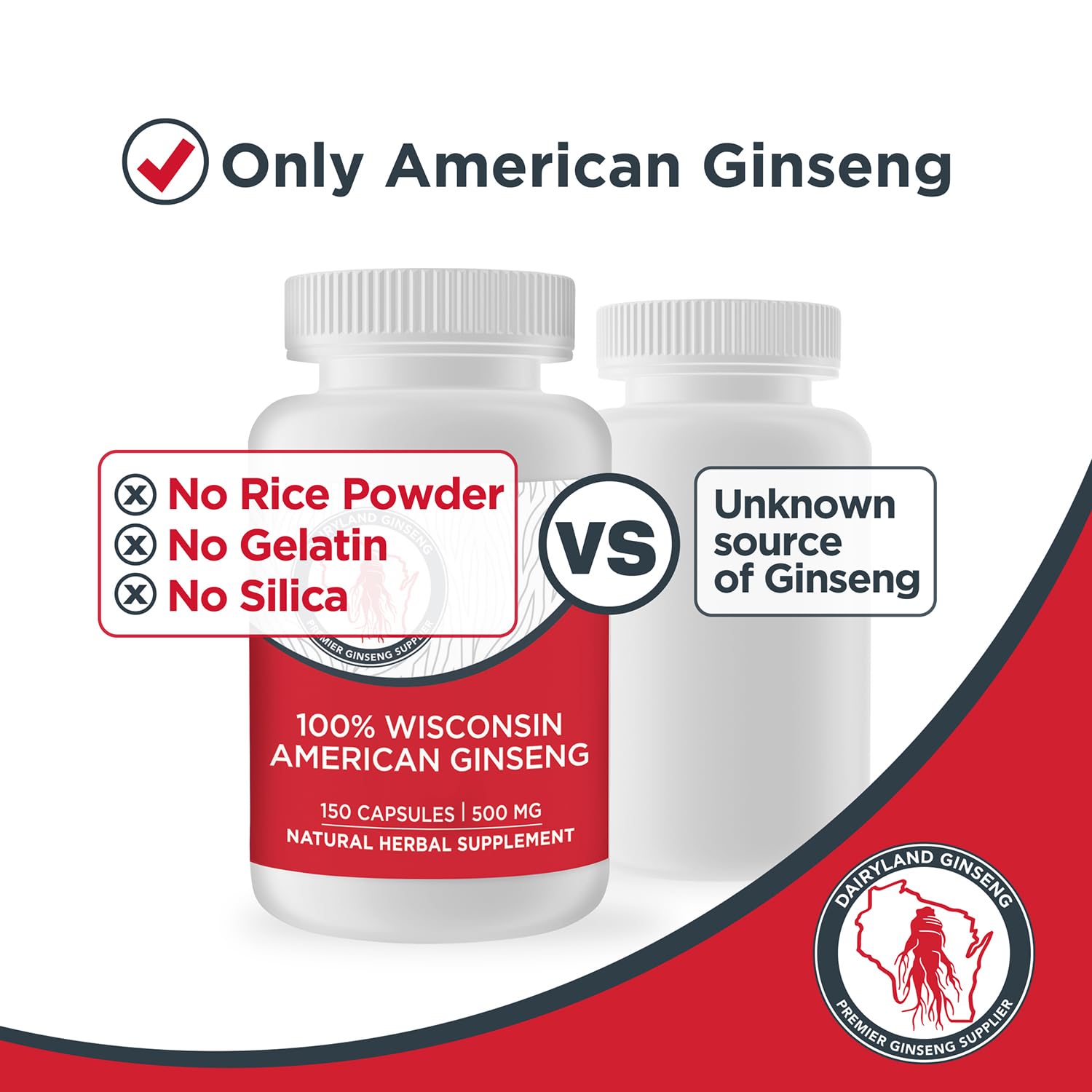 Dairyland Management LLC American Ginseng Capsules 500mg side view showing capsule size