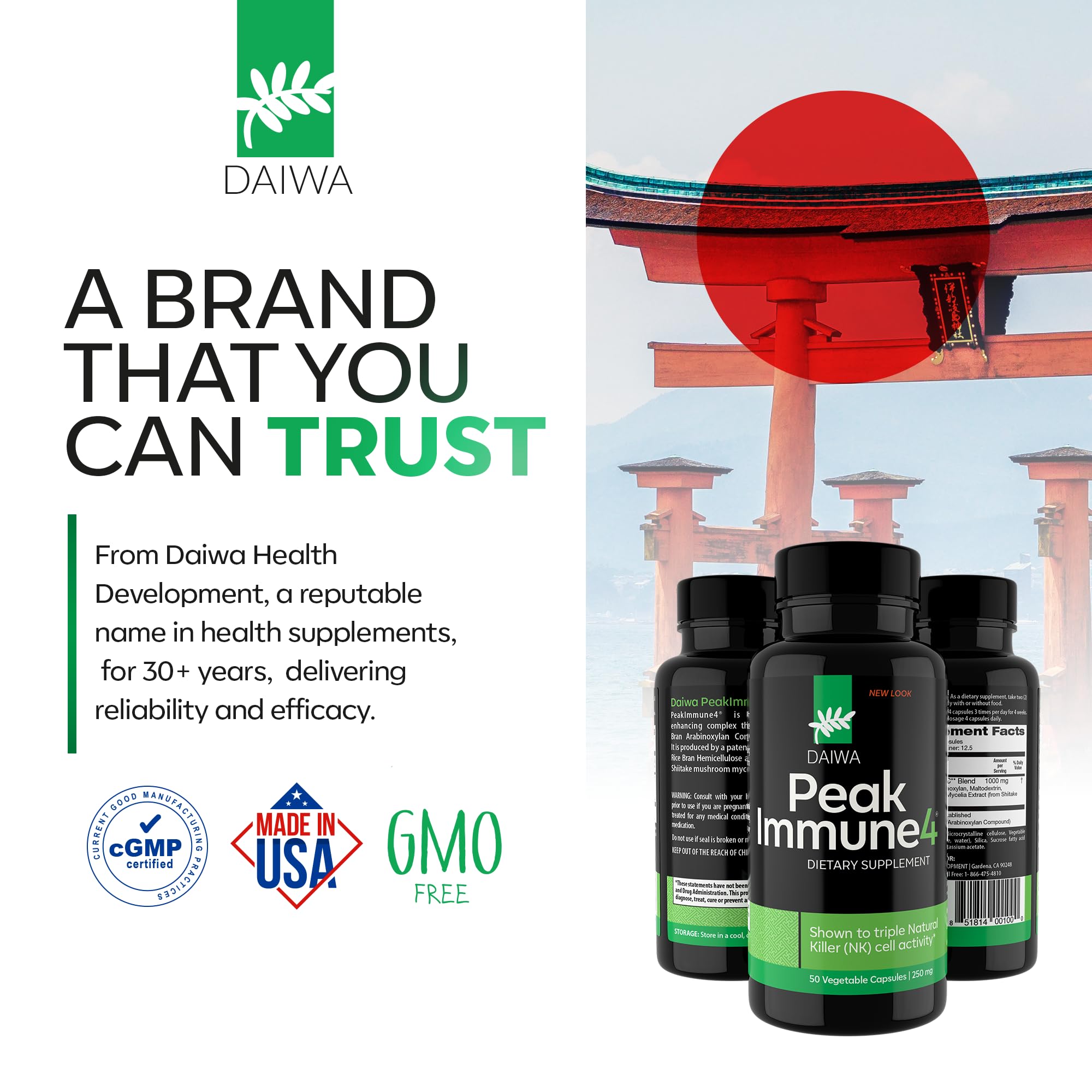Daiwa PeakImmune4 Mushroom Supplement 1000mg on a wooden table