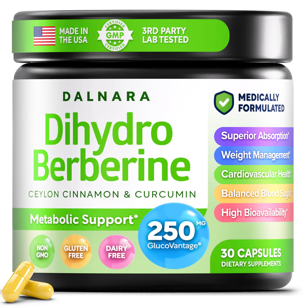 Dalnara Dihydroberberine Capsules 250mg front view