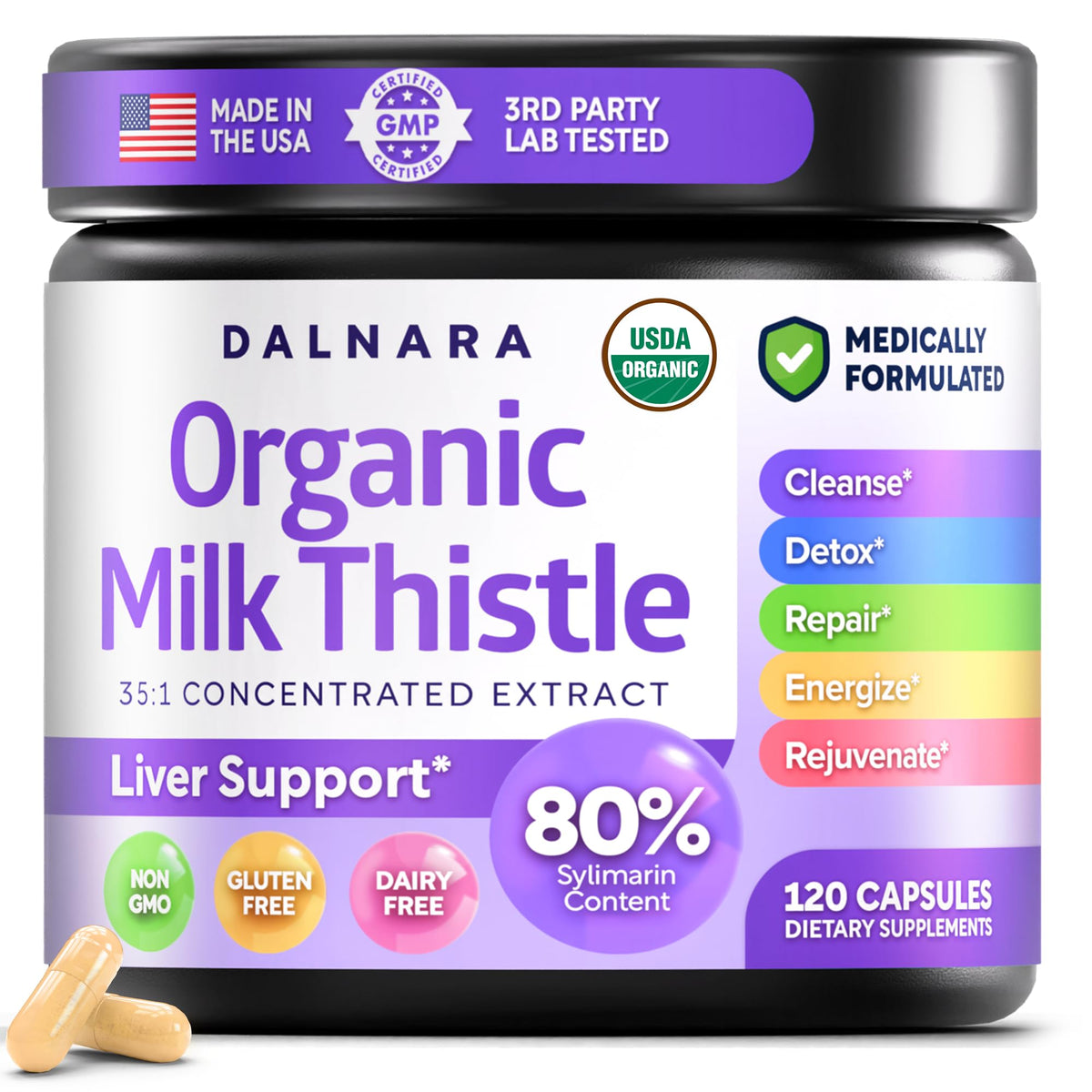 Dalnara Milk Thistle Capsules 80% Silymarin bottle front view