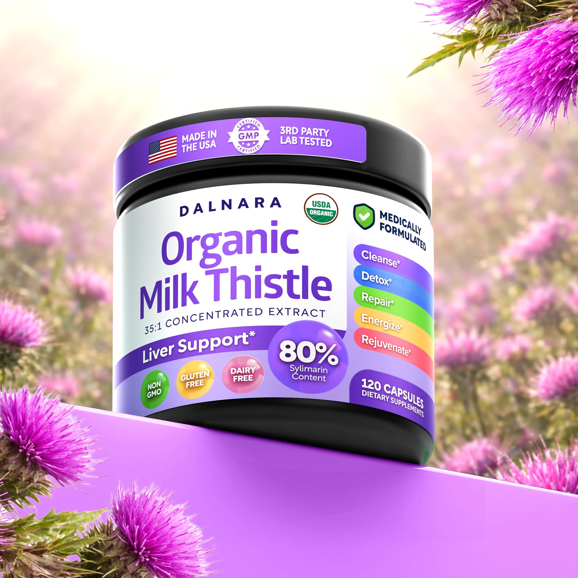 Dalnara Milk Thistle Capsules 80% Silymarin bottle with herbal background