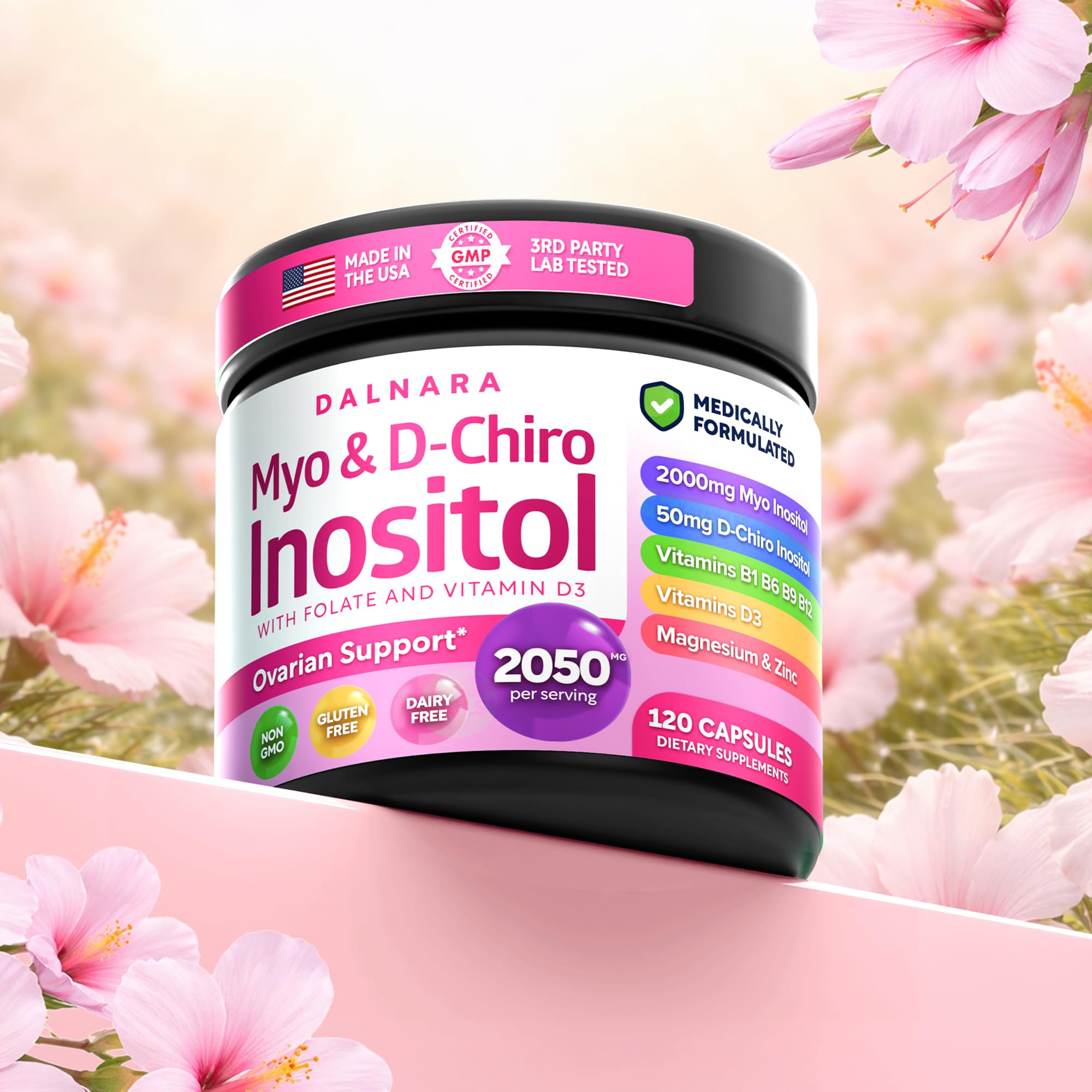 Dalnara Myo-Inositol & D-Chiro Inositol capsules close-up of ingredients