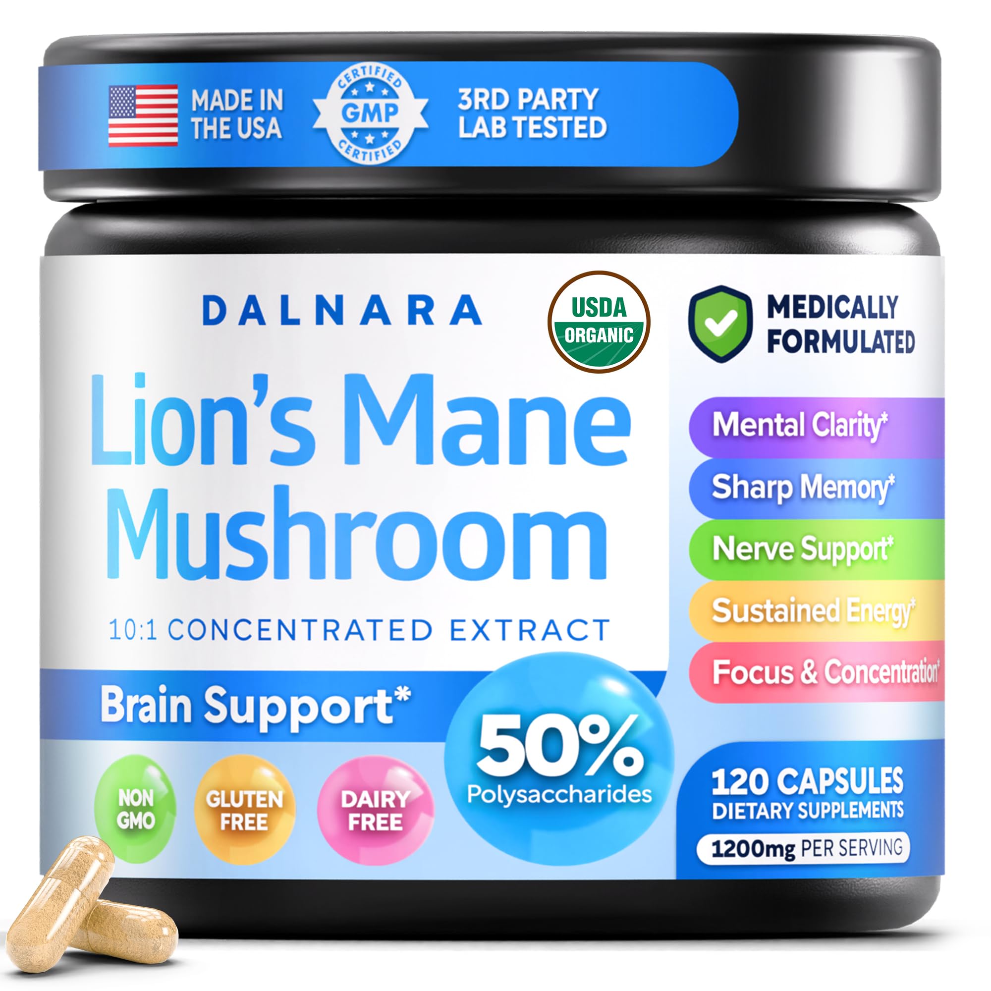 Dalnara Organic Lion's Mane Mushroom Extract 1200mg capsules front view