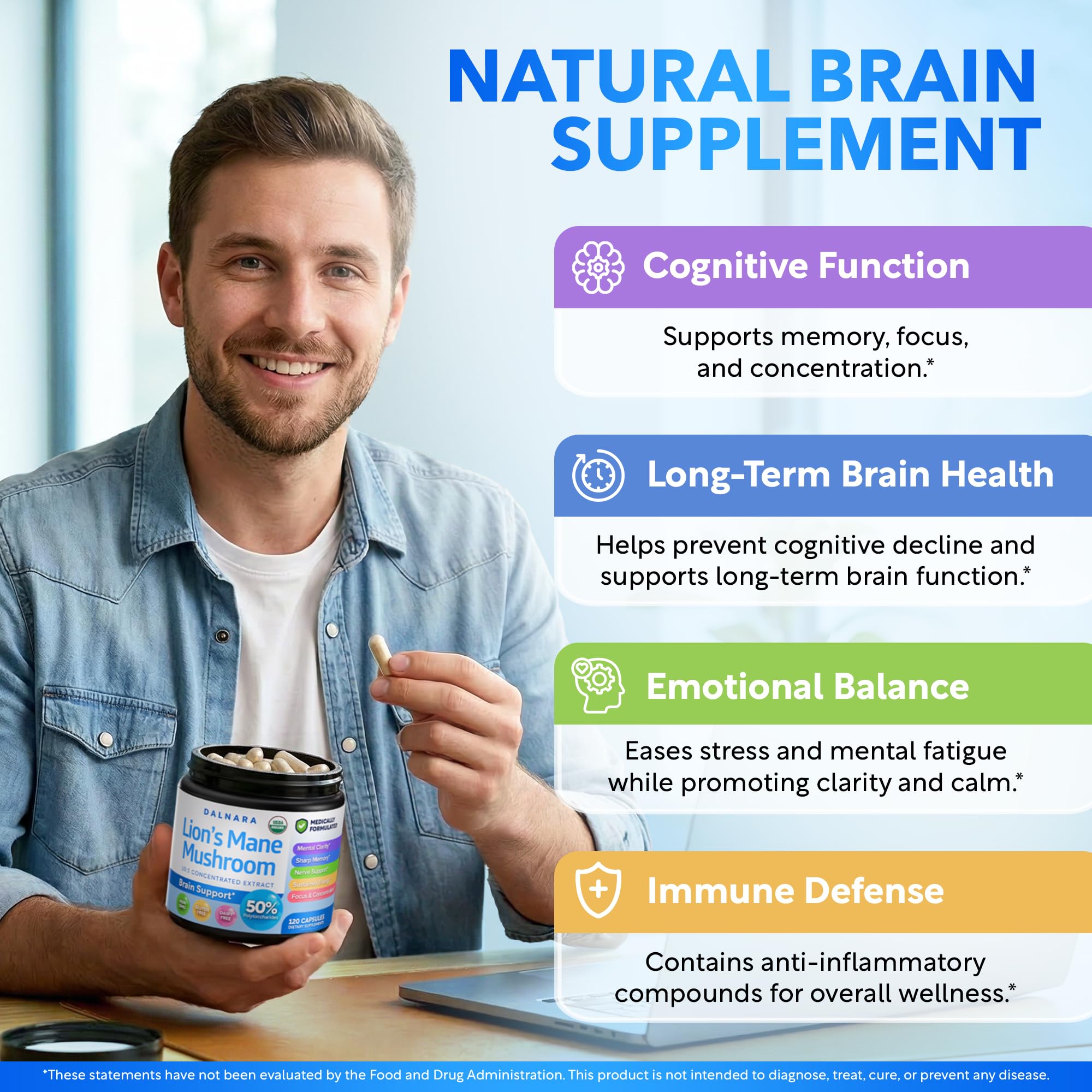 Dalnara Organic Lion's Mane Mushroom Extract 1200mg capsules side view