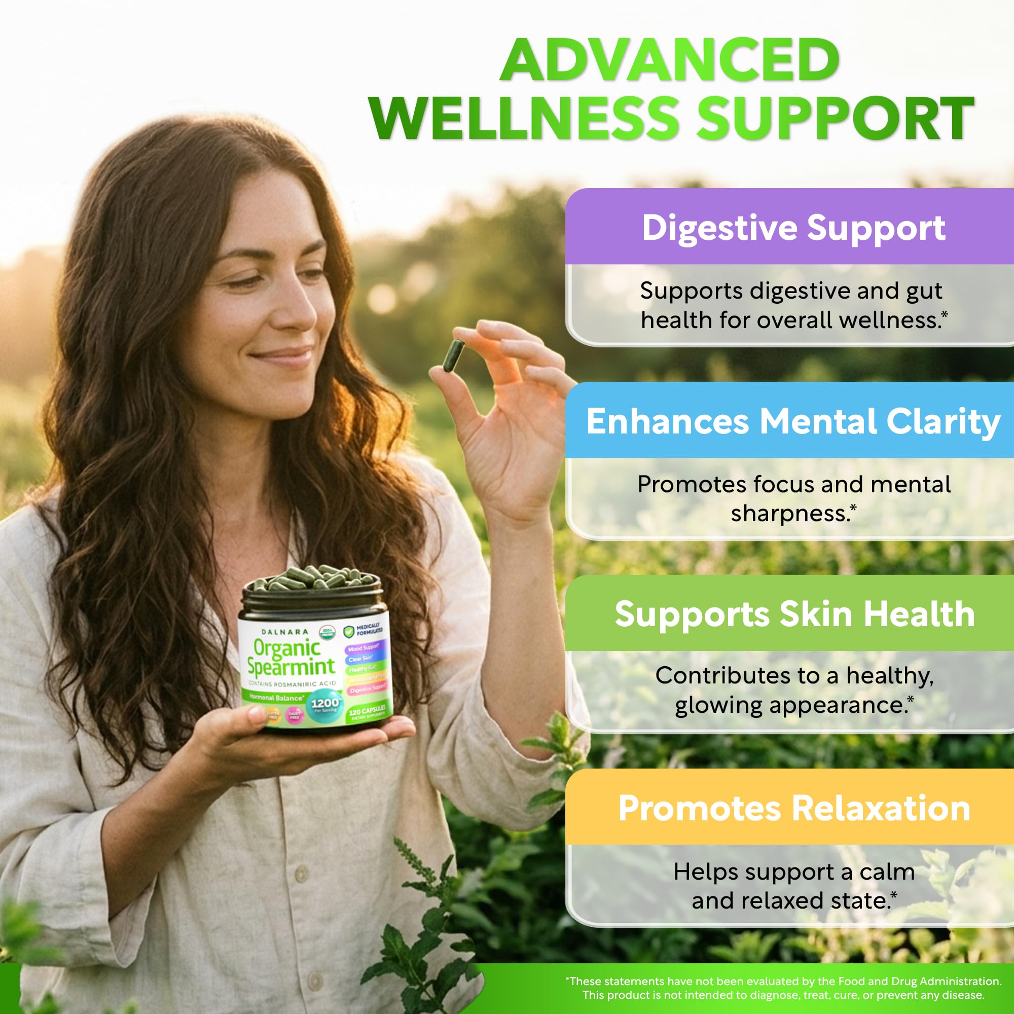 Dalnara Organic Spearmint Capsules 1200mg bottle with label
