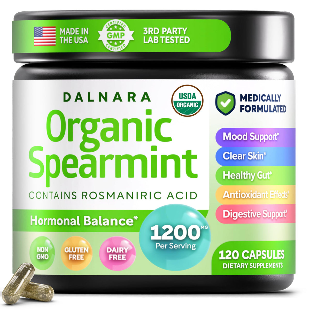 Dalnara Organic Spearmint Capsules 1200mg front view