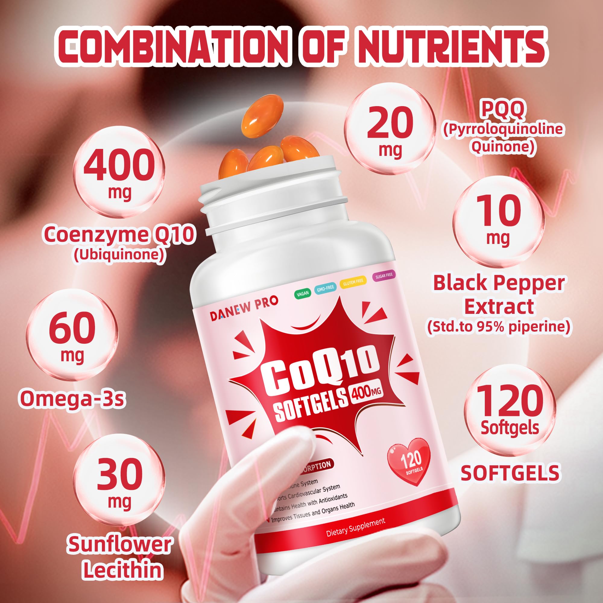 DANEW Pro CoQ10-400mg Softgels showing softgel size