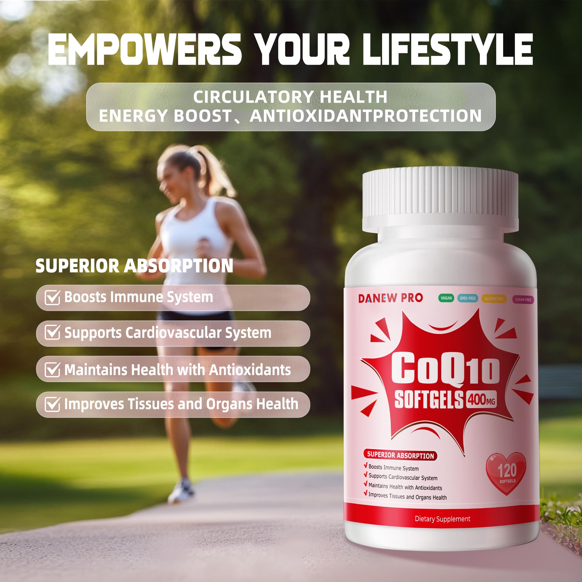 DANEW Pro CoQ10-400mg Softgels with dosage information