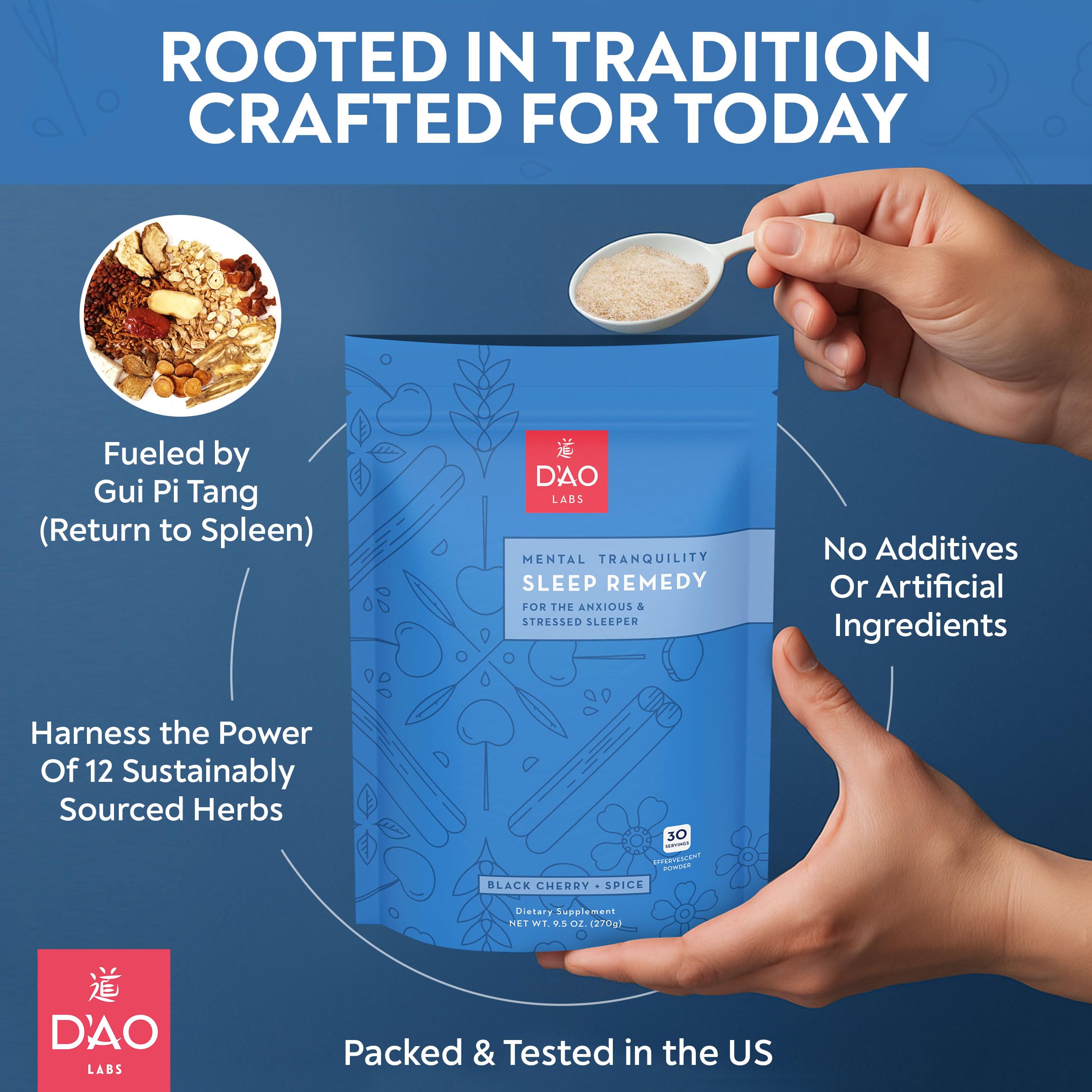 DAO Labs Mental Tranquility Herbal Powder in a glass of water