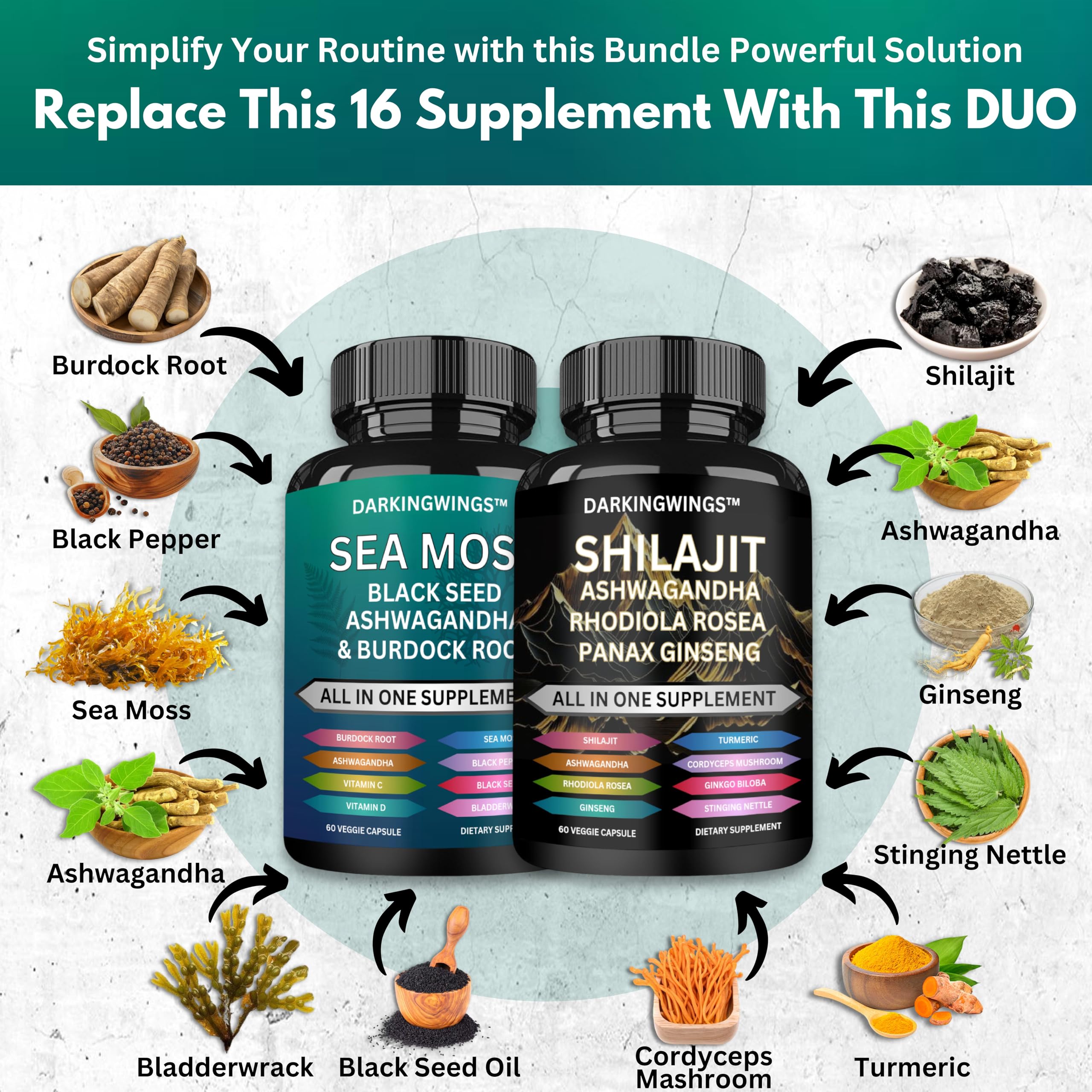 Darkingwings Dynamic Vitality Bundle side view with supplement capsules