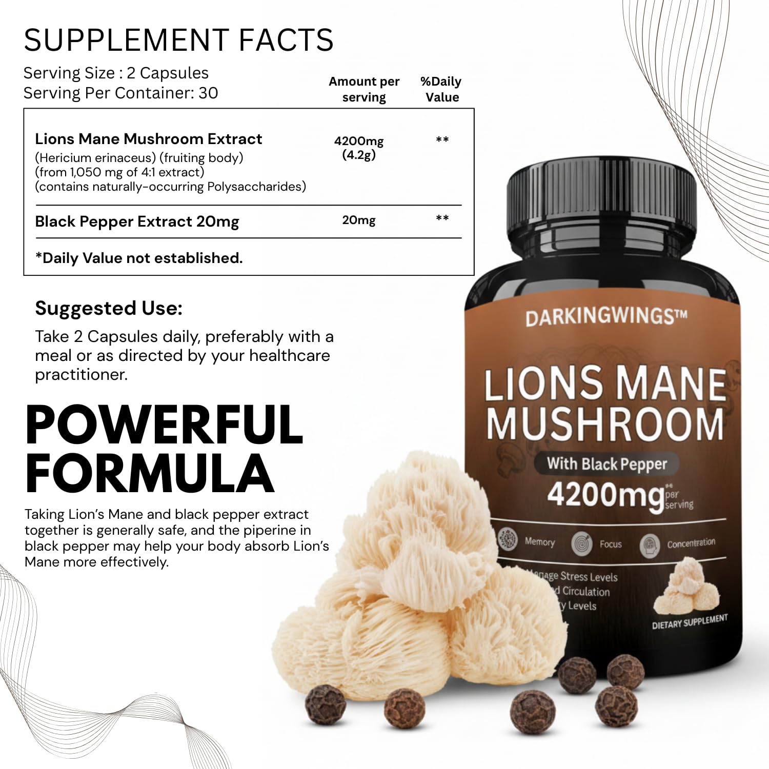 Darkingwings Lion’s Mane Mushroom Supplement packaging