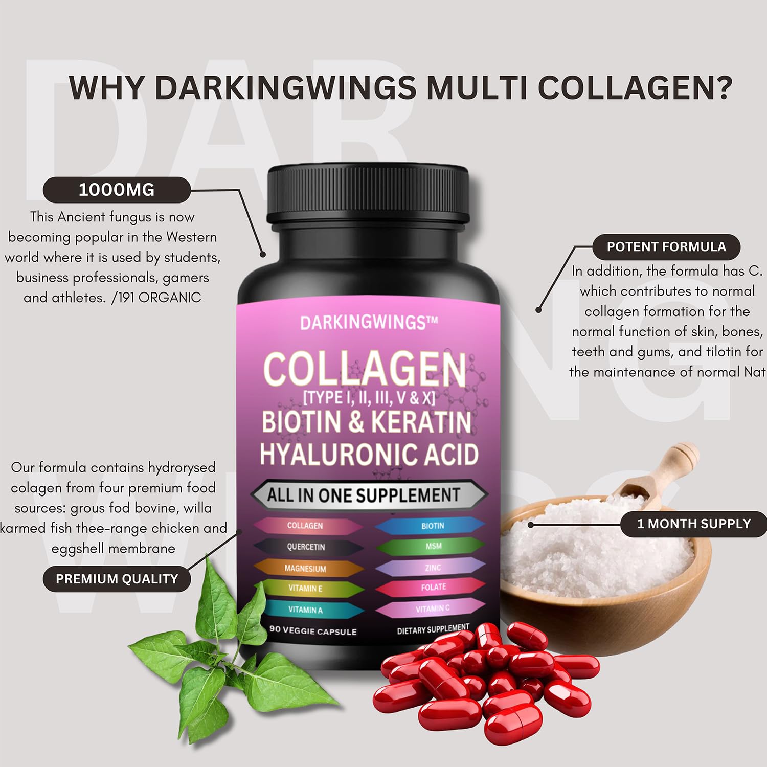 Darkingwings Multi Complex Collagen Capsules on a wooden table