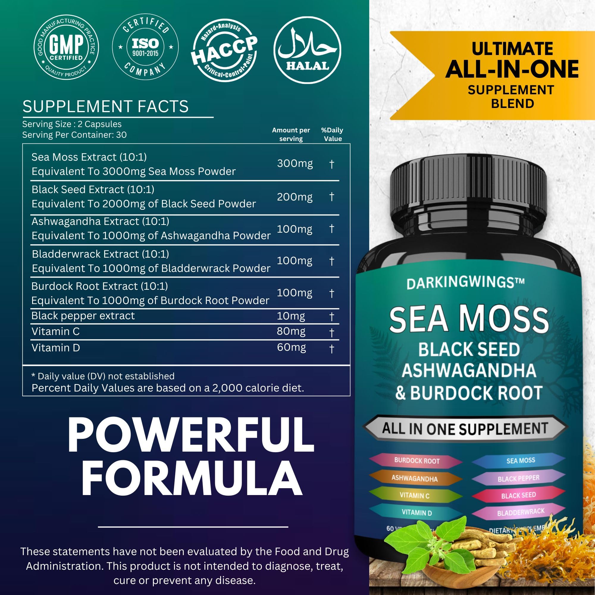 Darkingwings Organic Sea Moss Capsules side view showing capsule details