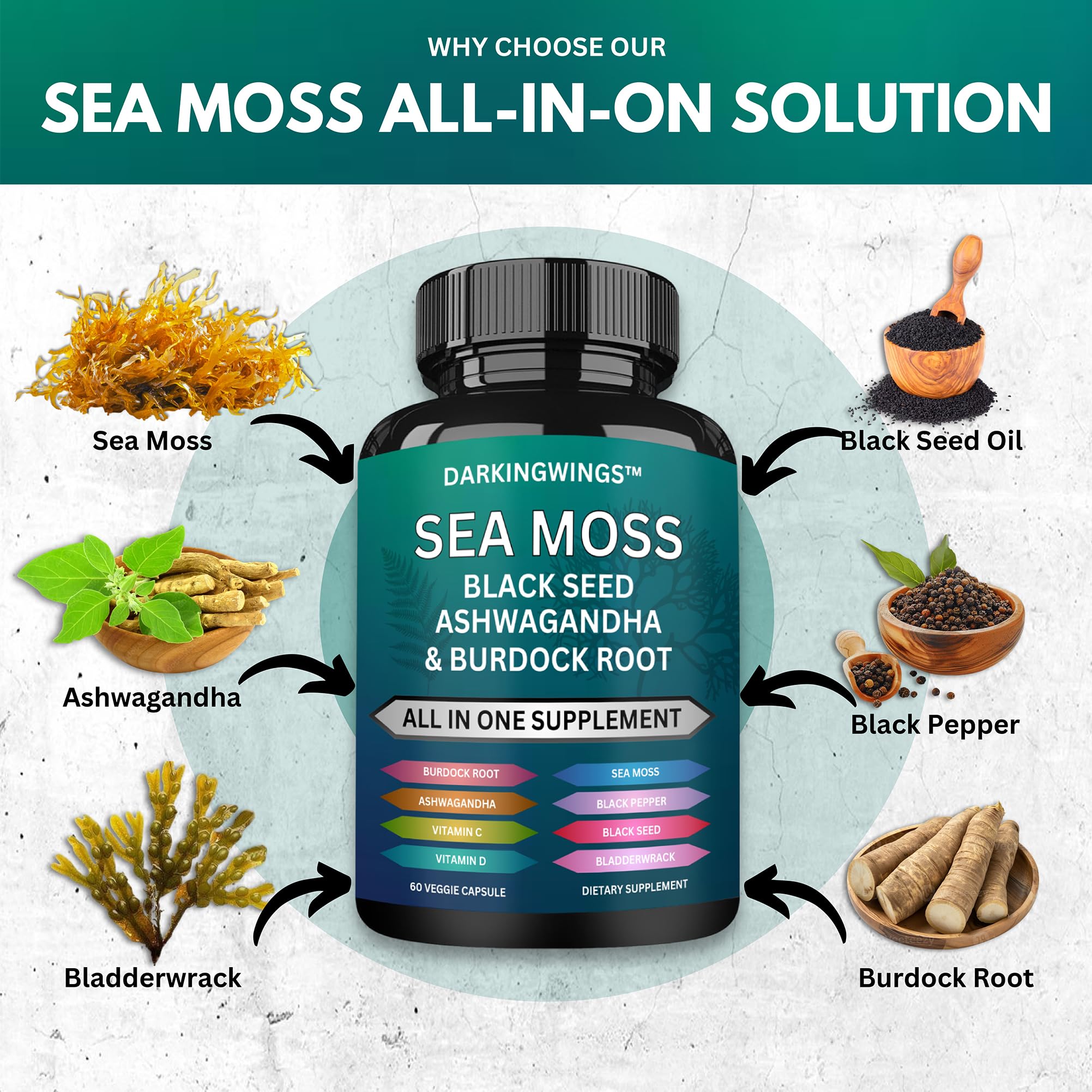 Darkingwings Organic Sea Moss Capsules with black seed oil on a wooden table