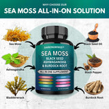 Darkingwings Organic Sea Moss Capsules with black seed oil on a wooden table