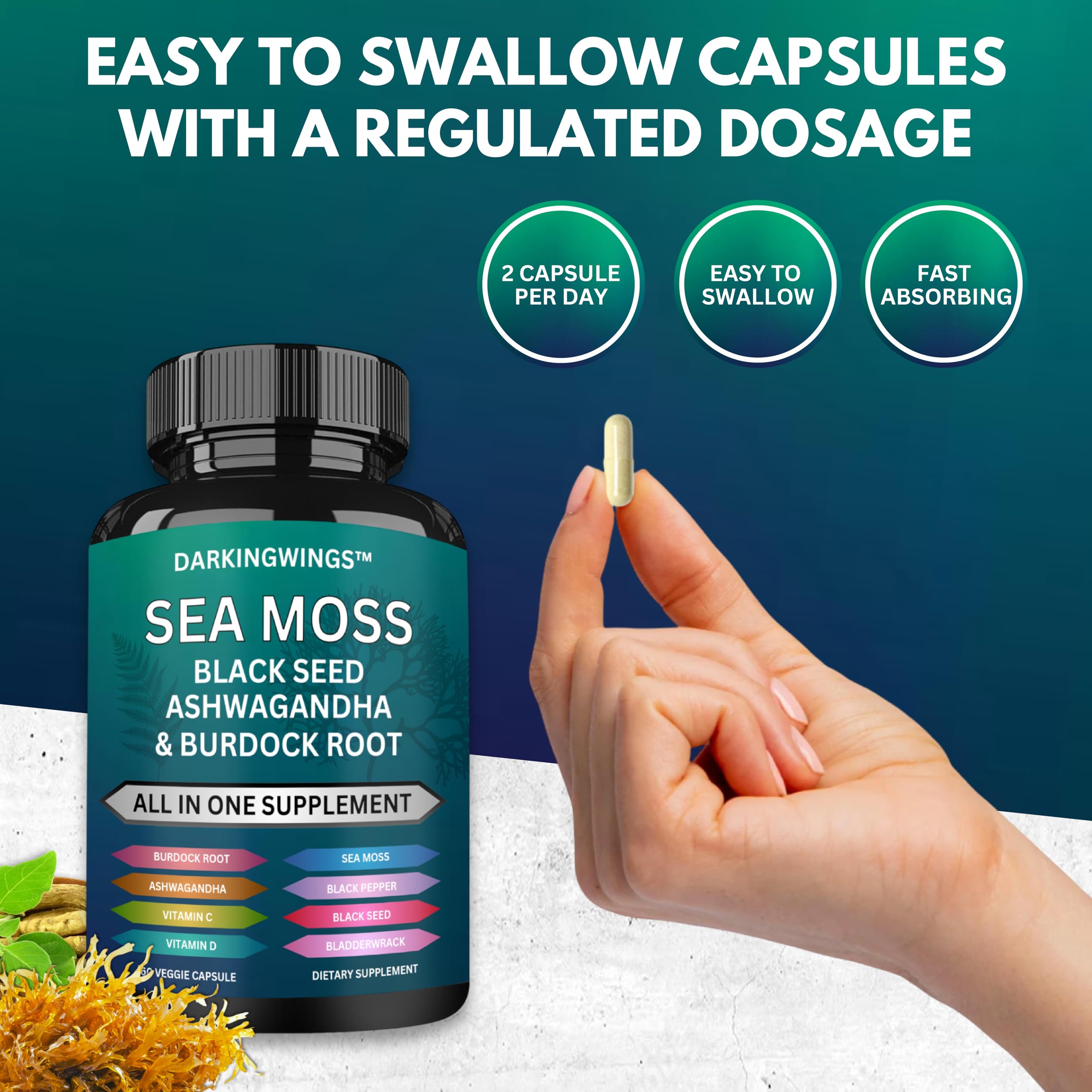 Darkingwings Organic Sea Moss Capsules with ingredients displayed