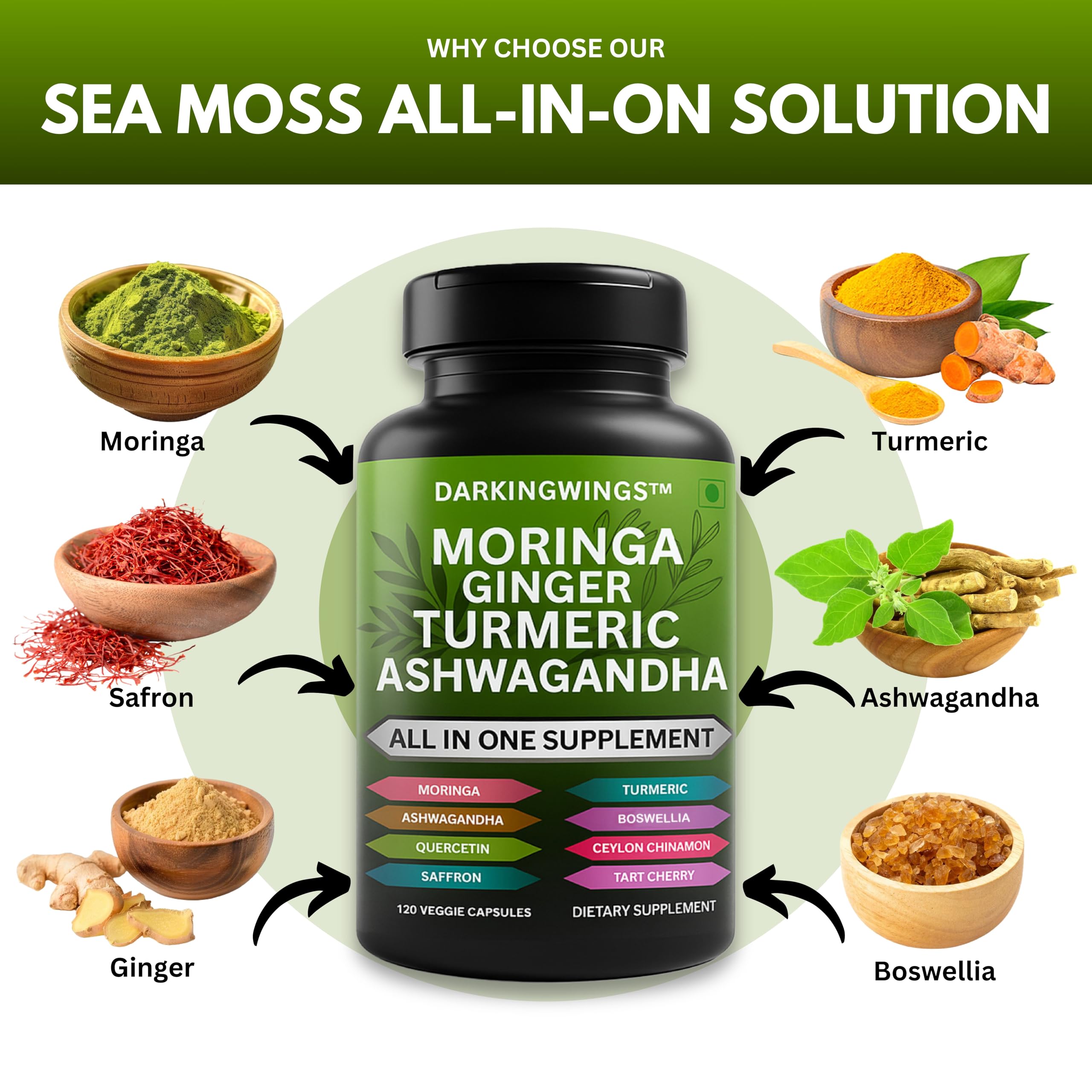 Darkingwings Turmeric Curcumin Capsules with ingredients displayed
