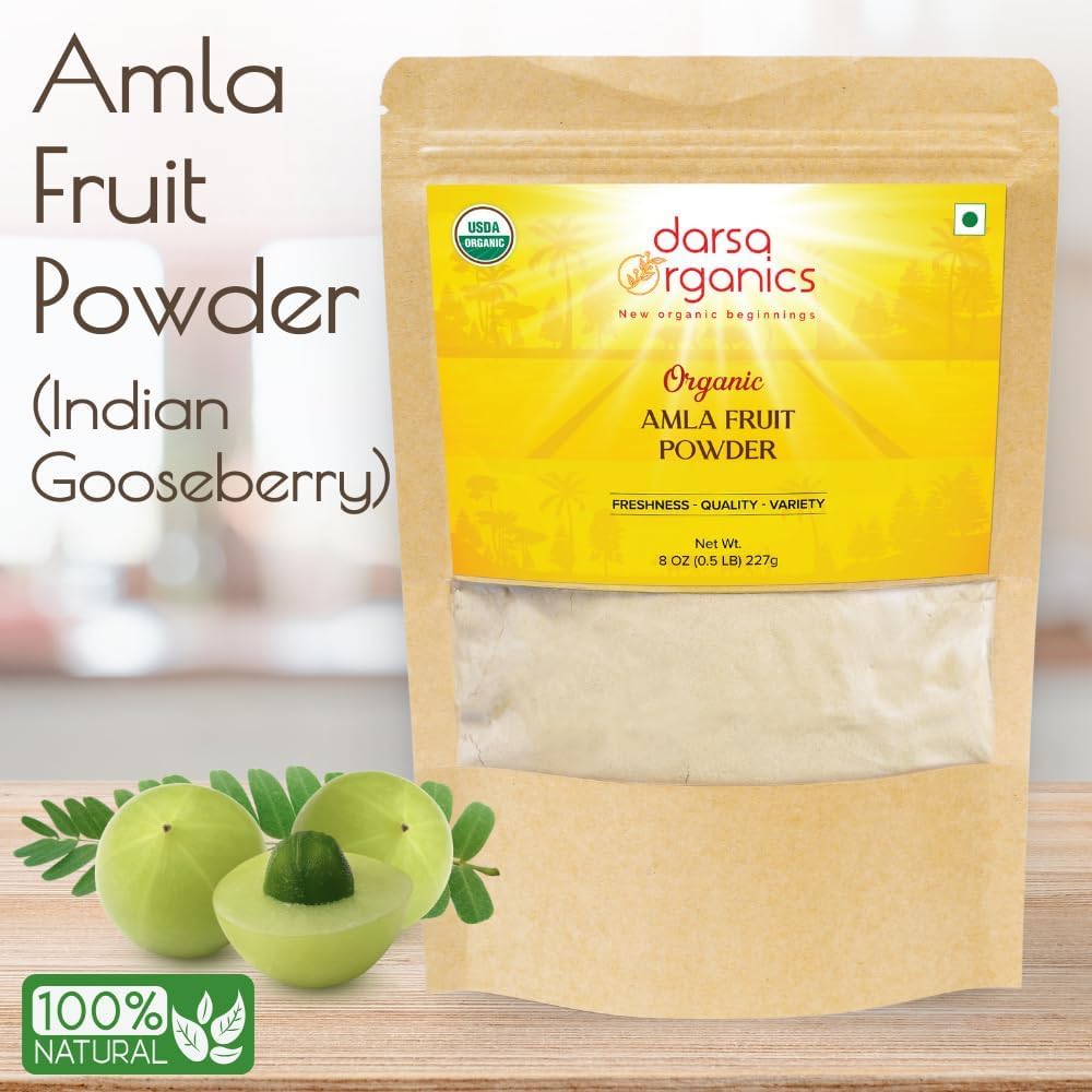 Darsa Organics Amla Powder 8 oz in a bowl with a spoon