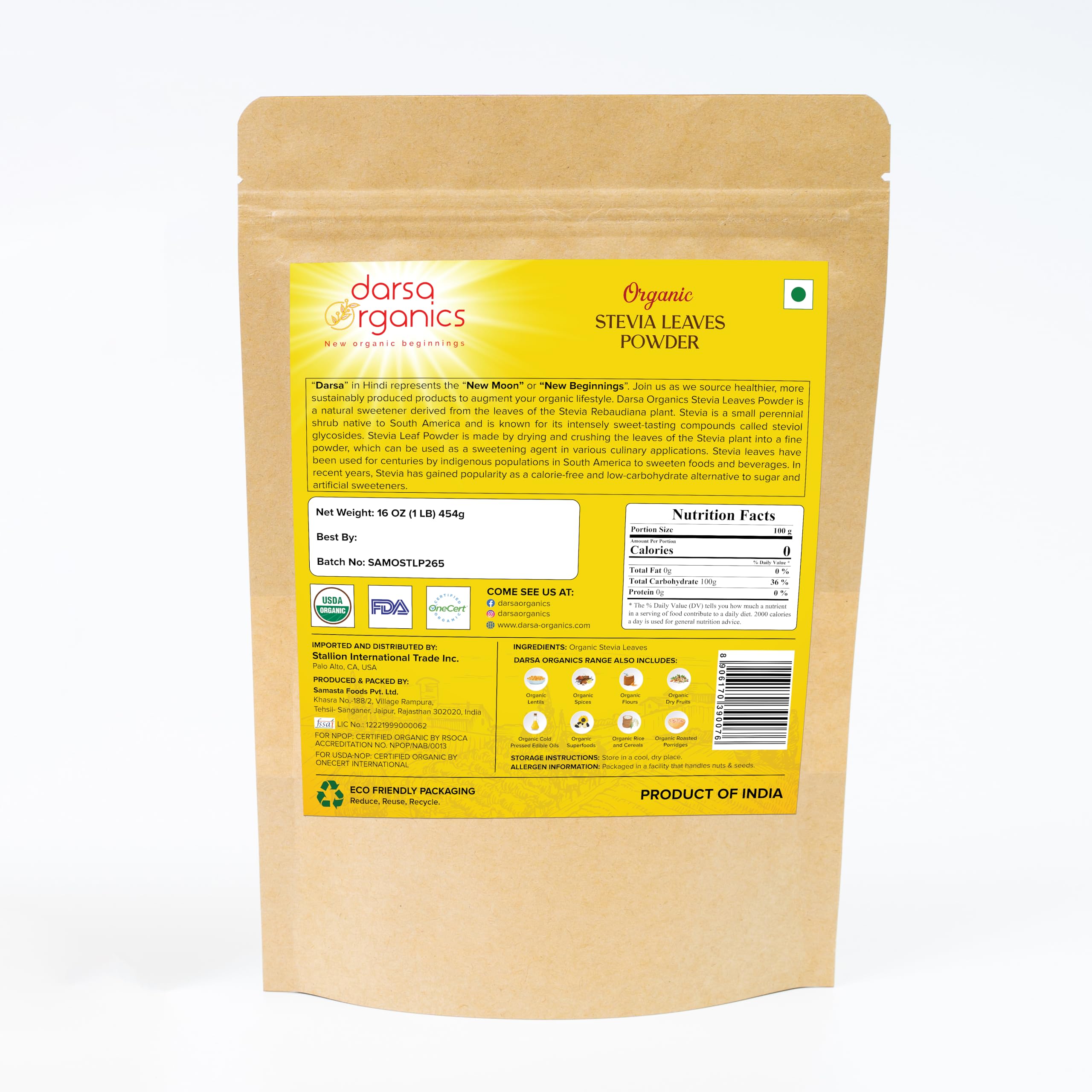 Darsa Organics Stevia Powder 472g back view with ingredient details