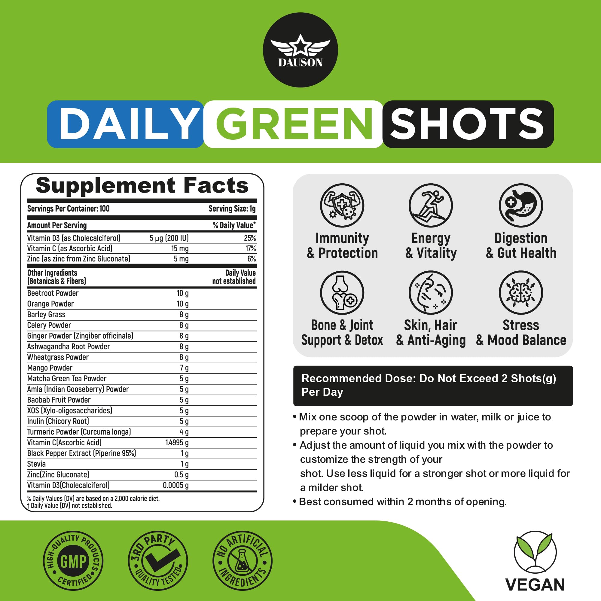 DAUSON Daily Greens Powder 100g with a scoop