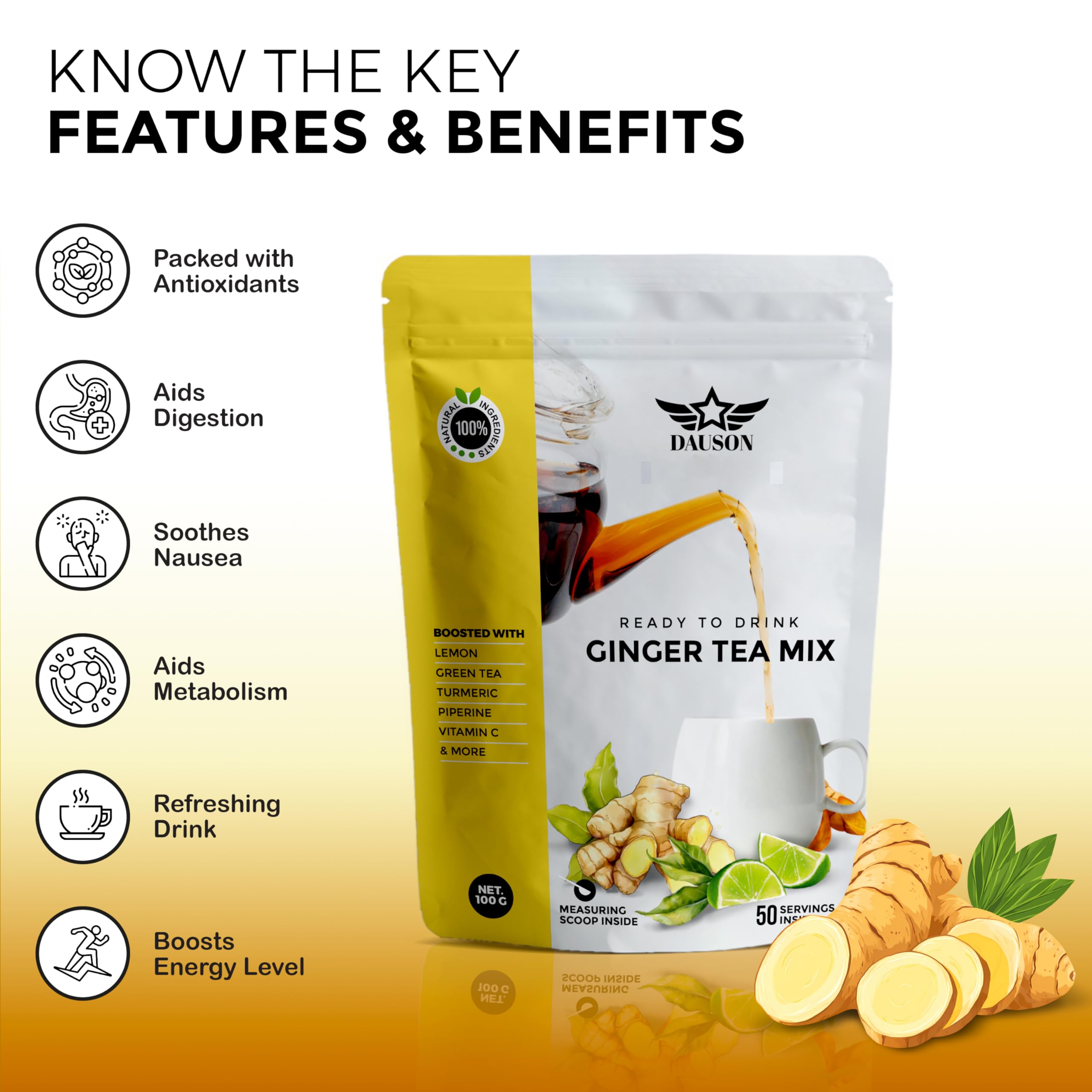 DAUSON Ginger Tea 100g back view showing ingredients