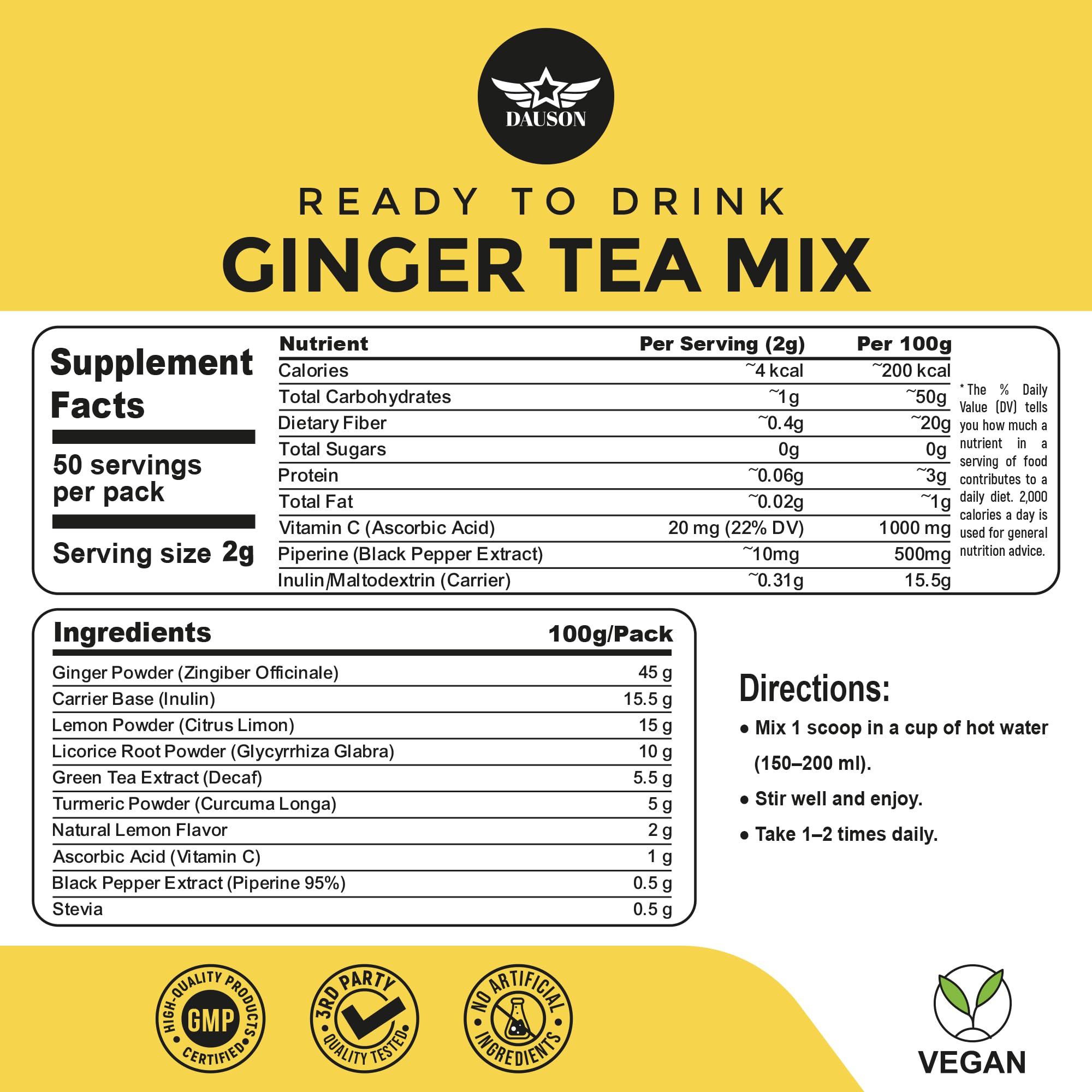 DAUSON Ginger Tea 100g in a cup with lemon slices