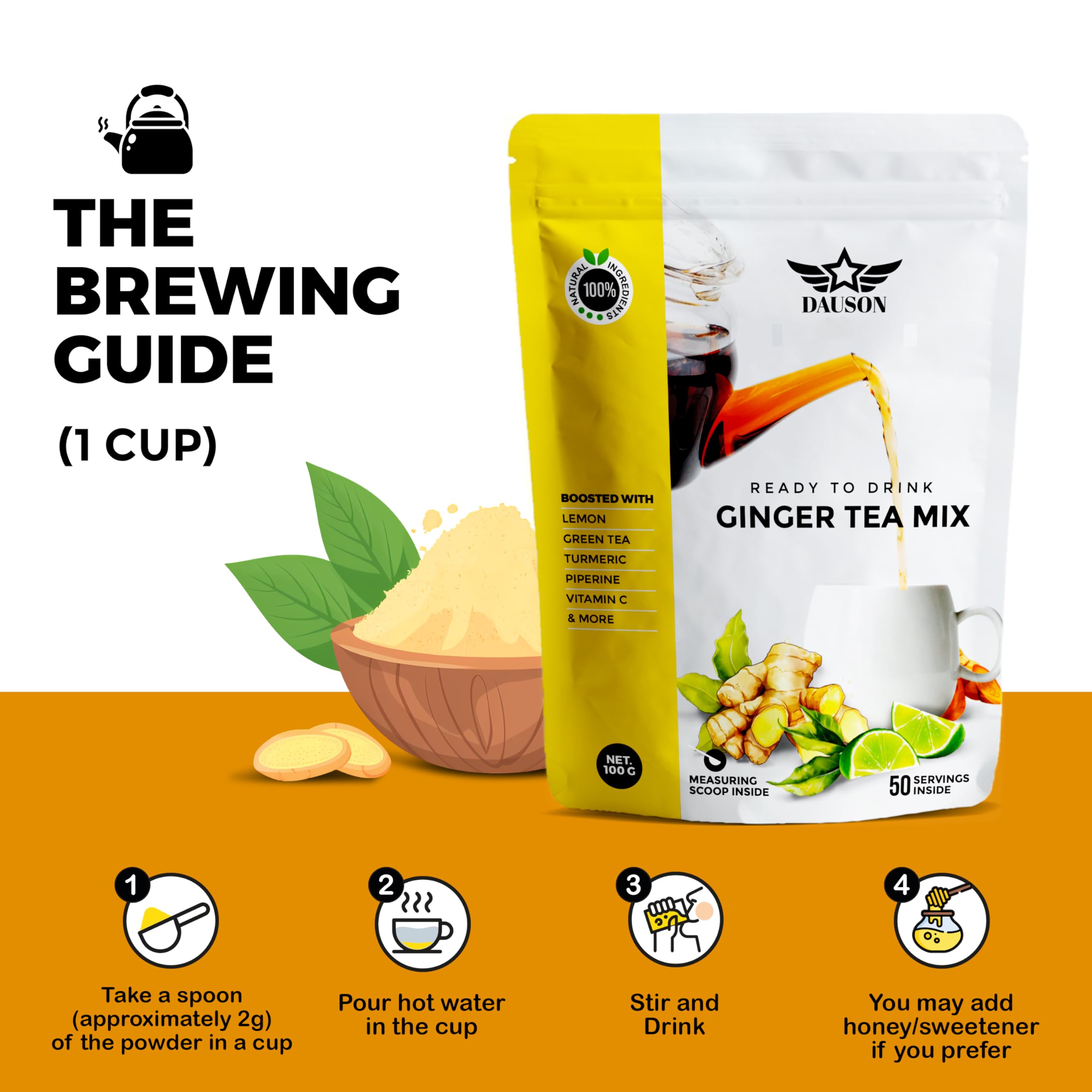 DAUSON Ginger Tea 100g side view with label details