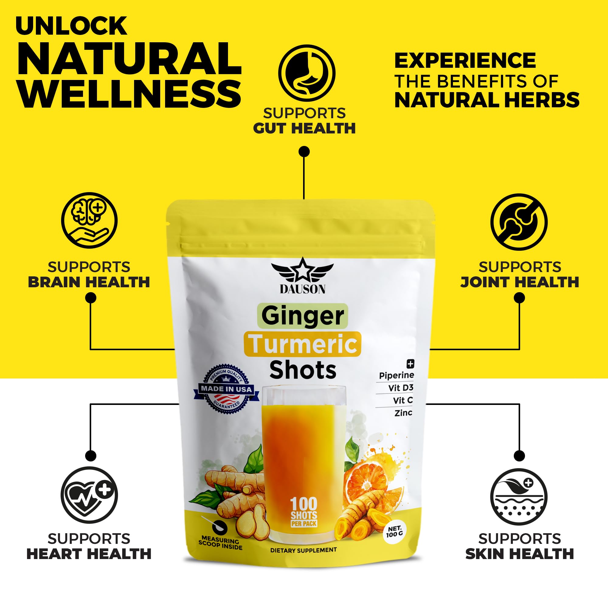 DAUSON Ginger Turmeric Powder side view with ingredients