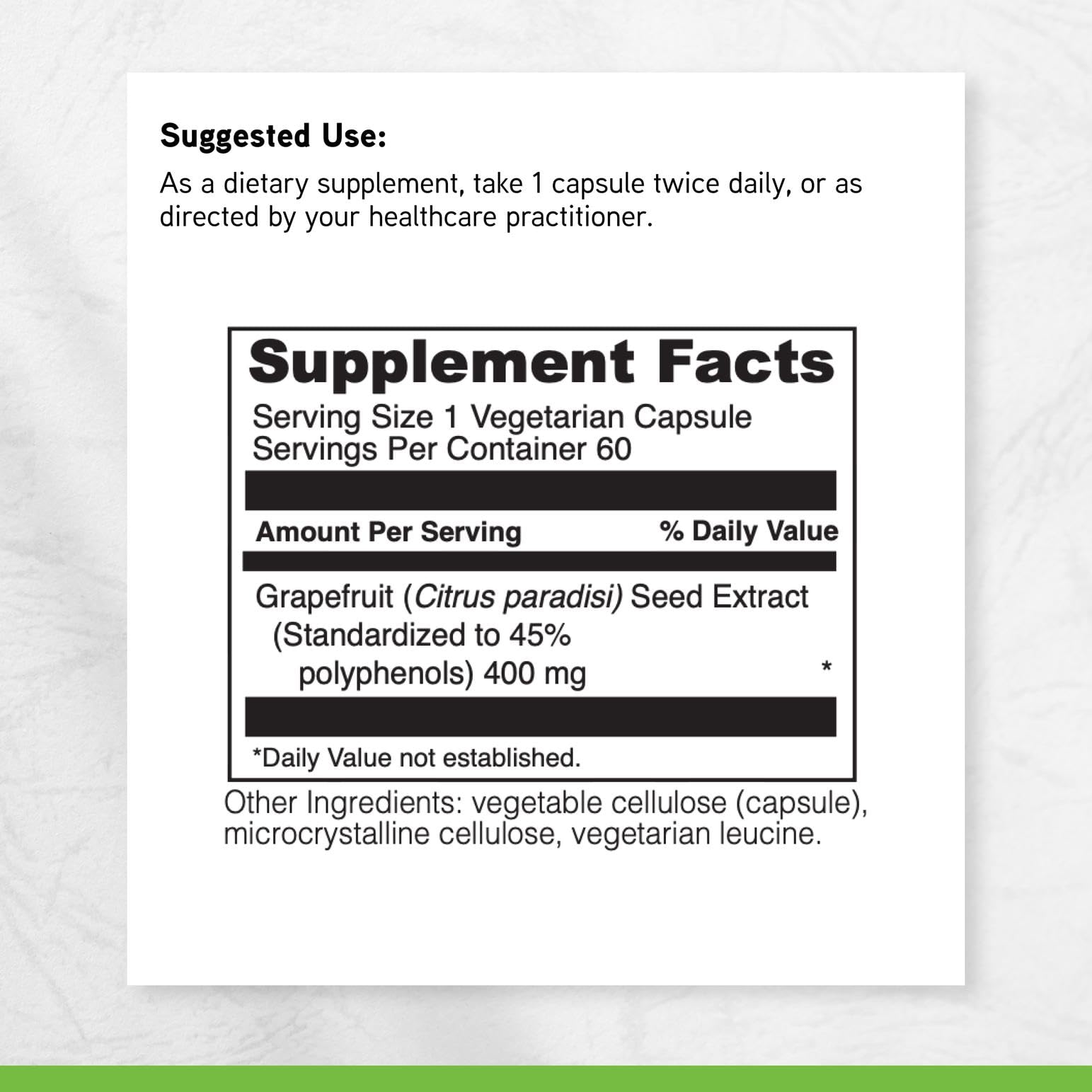 DAVINCI Grapefruit Seed Extract 400mg bottle on a kitchen countertop