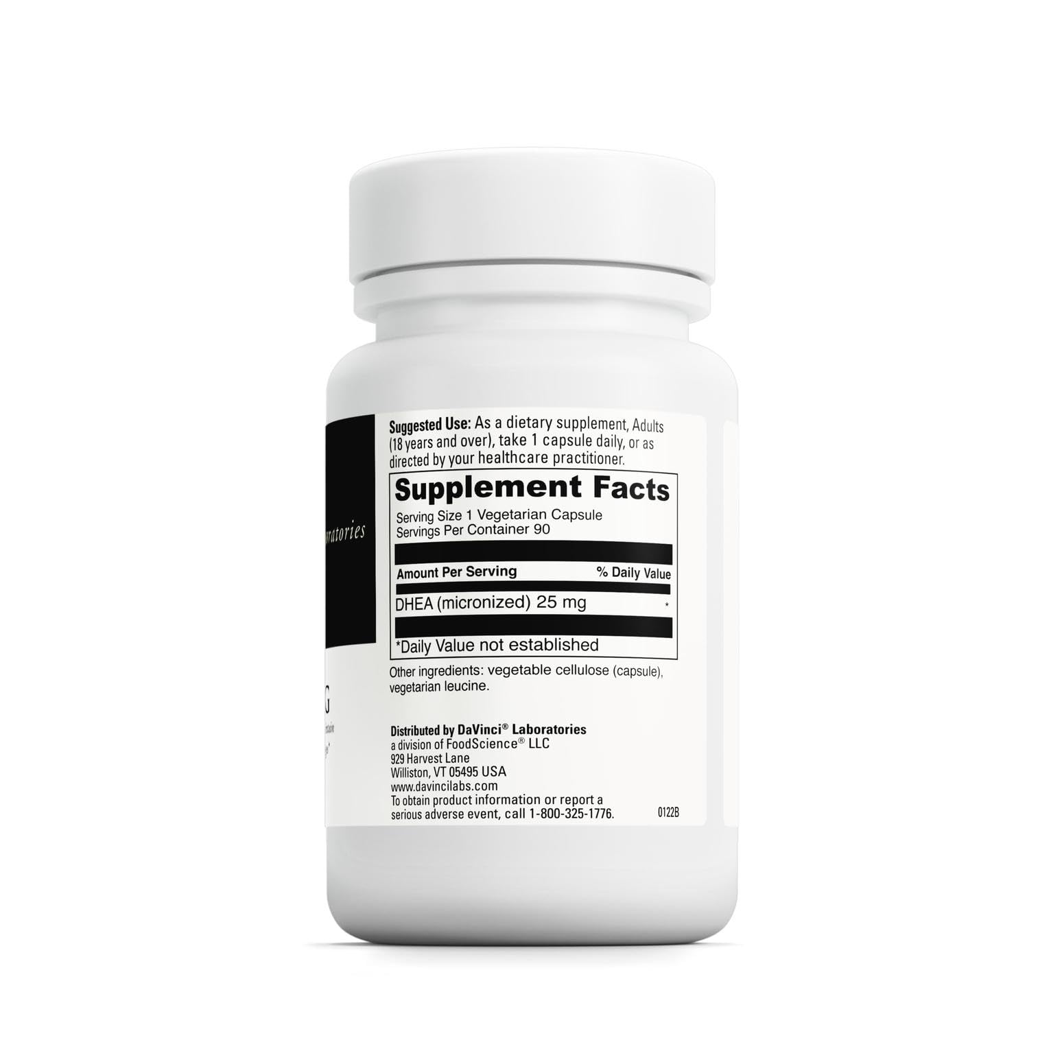 DAVINCI Micronized DHEA 25 mg supplement side view with label