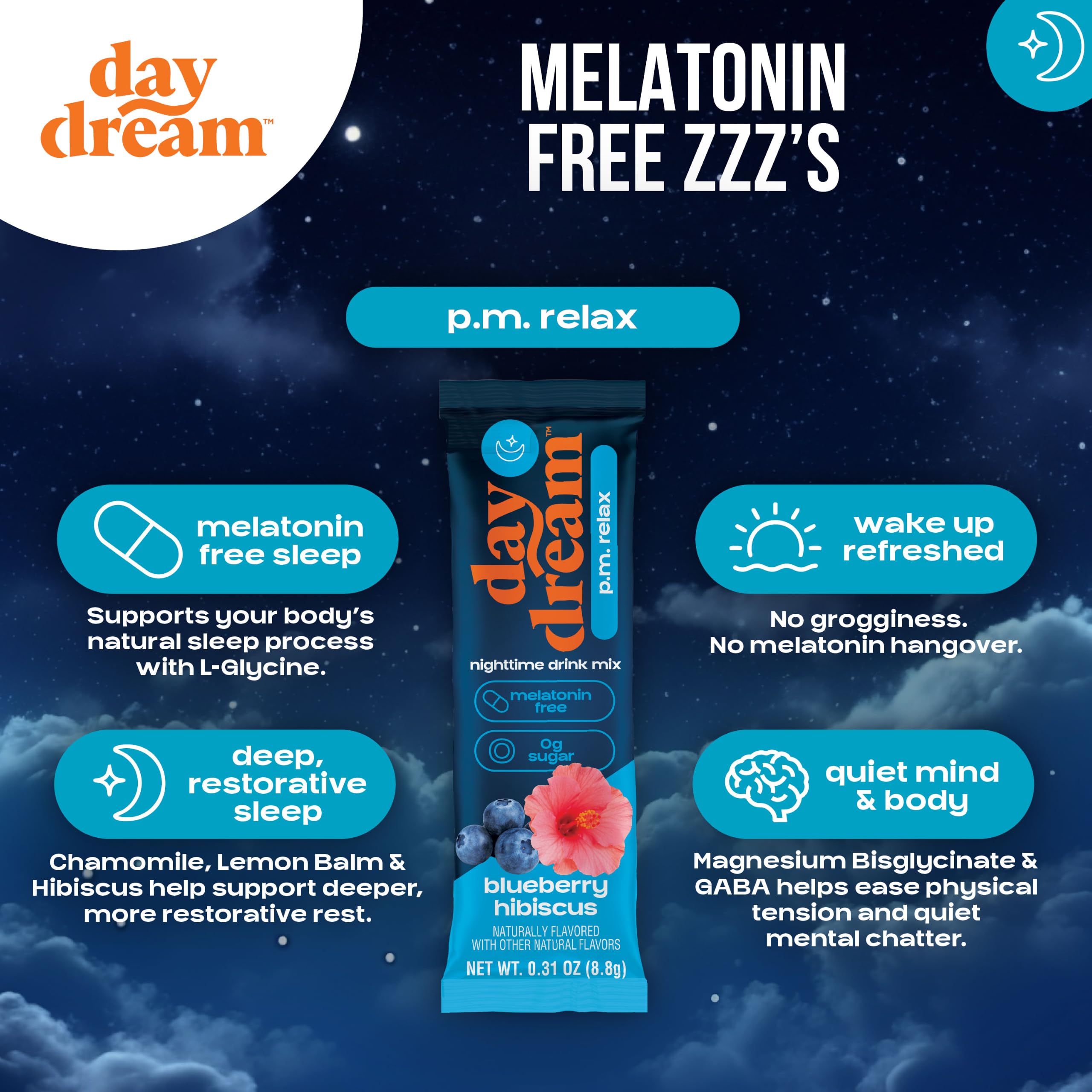 Day Dream PM daily wellness Nighttime Drink Mix Blueberry Hibiscus mixed in water