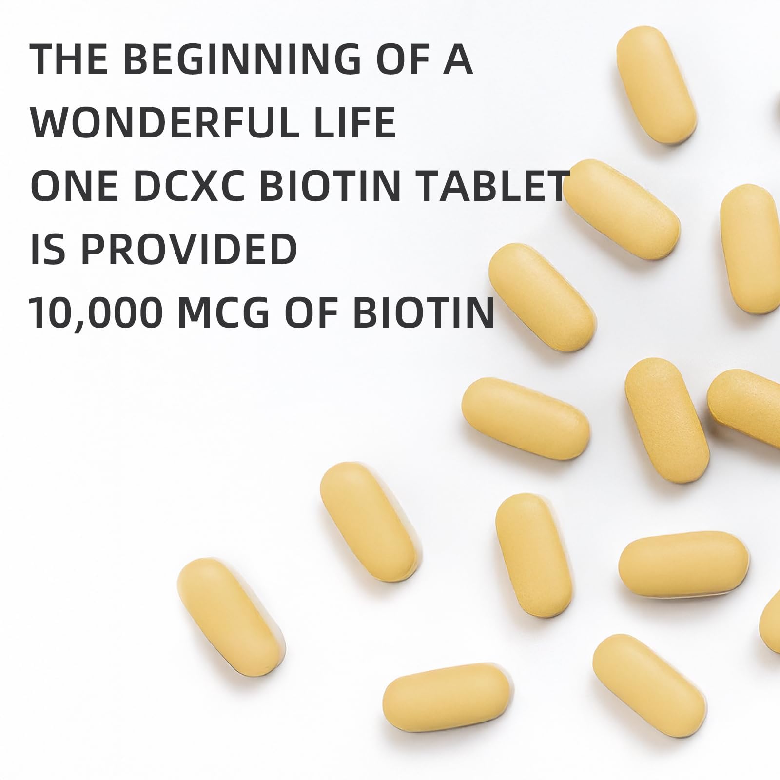 DCXC Biotin Tablets 10000mcg on a wooden table with natural lighting