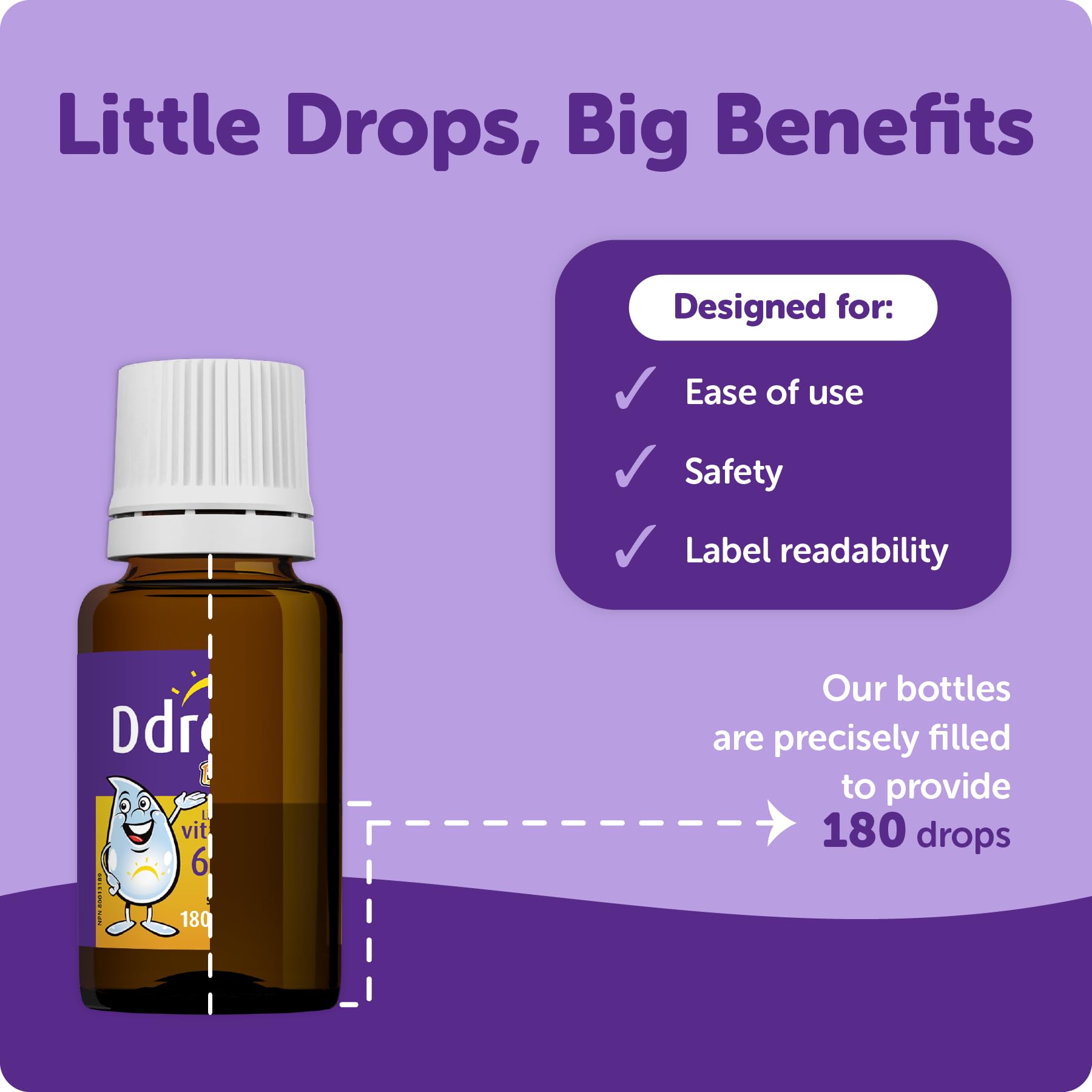 Ddrops support Liquid Vitamin D 600IU 5ml bottle side view