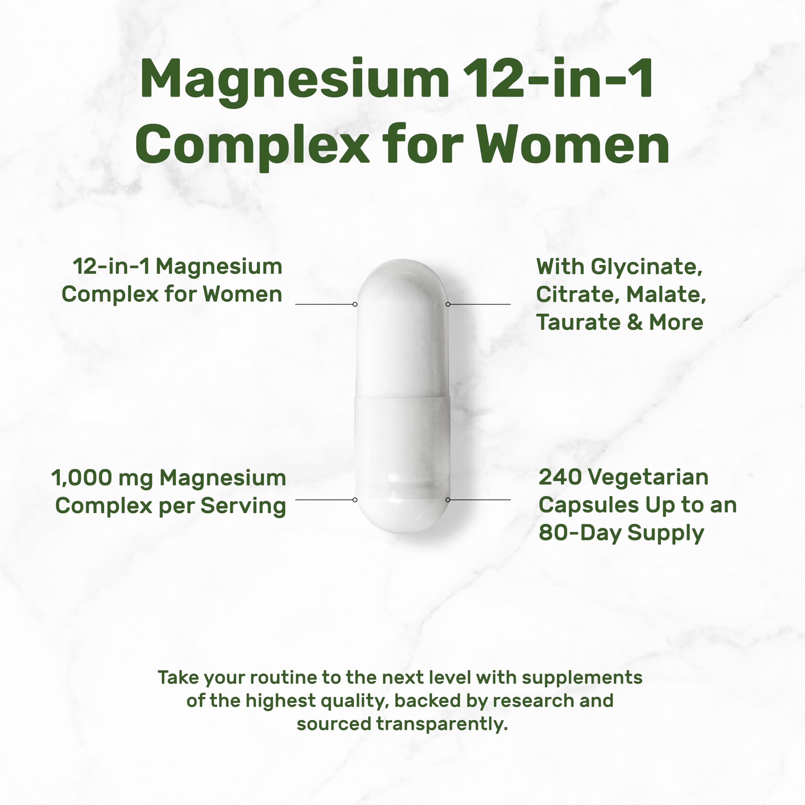 DEAL SUPPLEMENT 12-in-1 Magnesium Formula capsules on a wooden surface