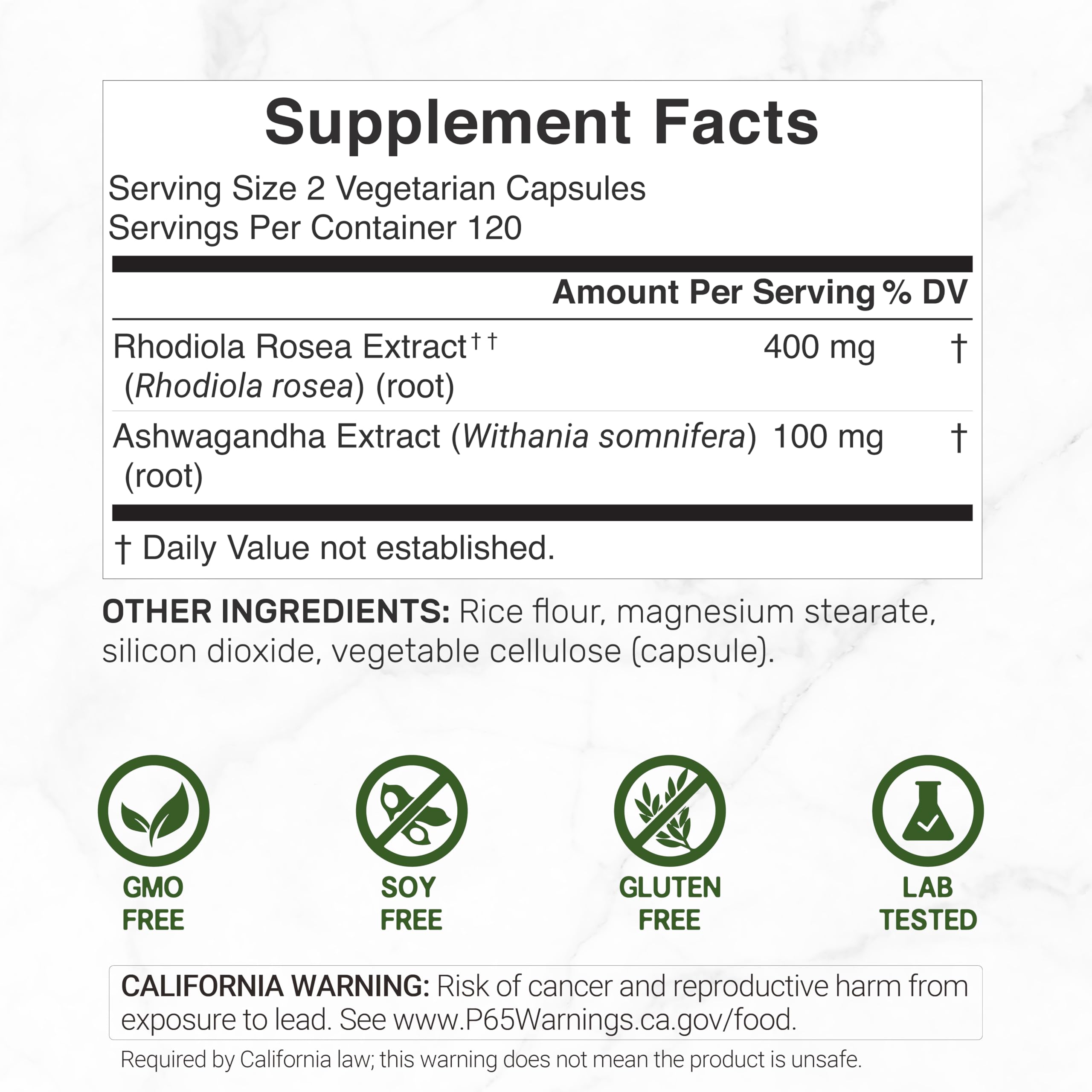 DEAL SUPPLEMENT Ashwagandha & Rhodiola Rosea Capsules bottle side view