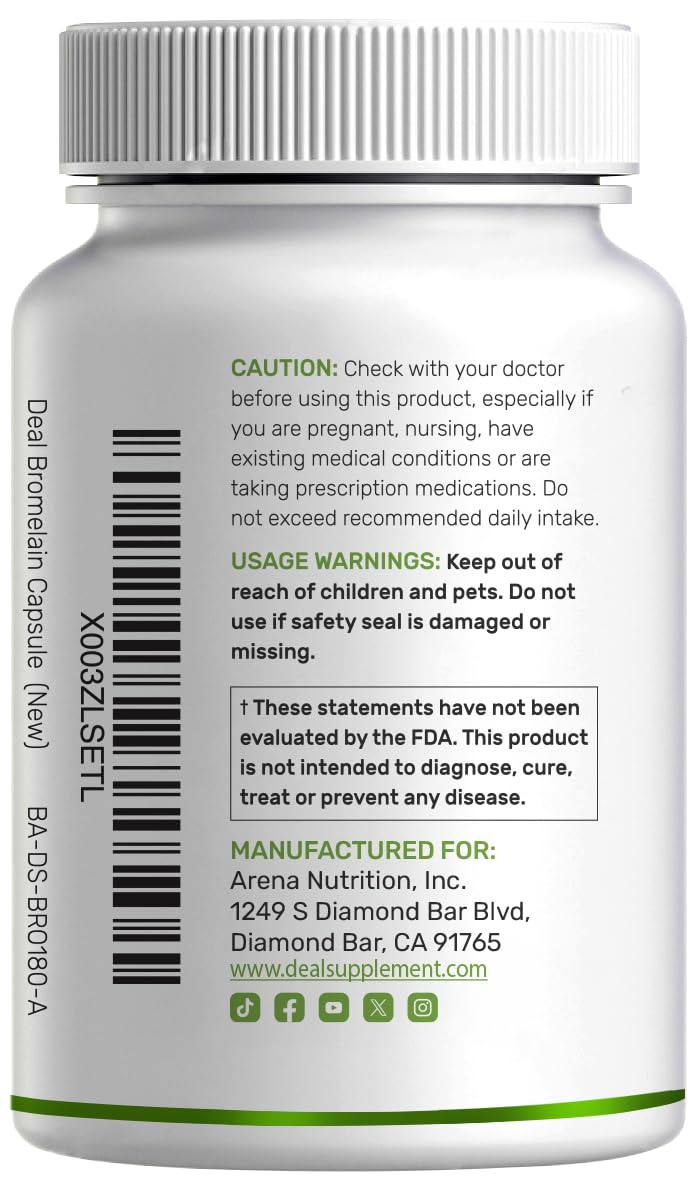 DEAL SUPPLEMENT Bromelain Multi-Enzyme Capsules on a wooden table