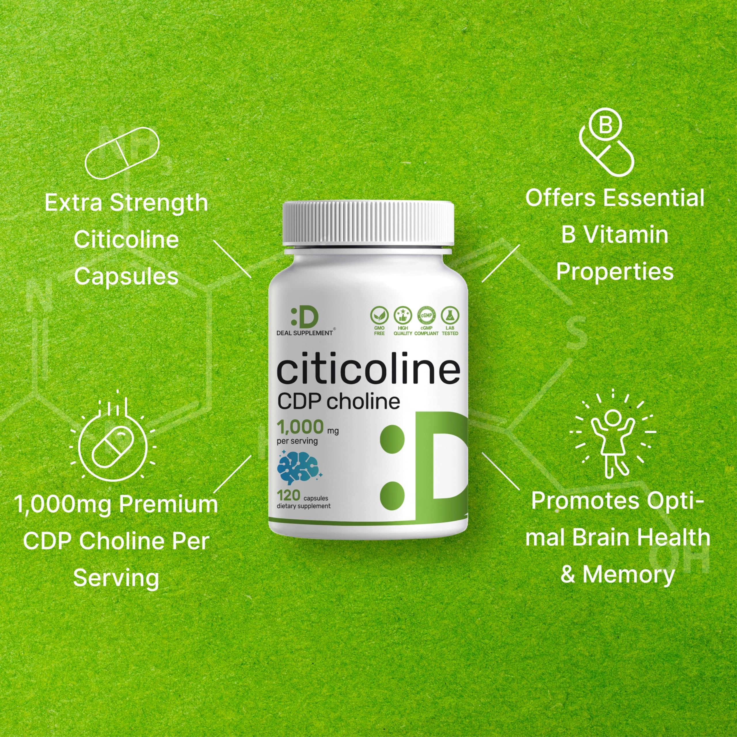 DEAL SUPPLEMENT Citicoline Capsules 1000mg bottle with label details