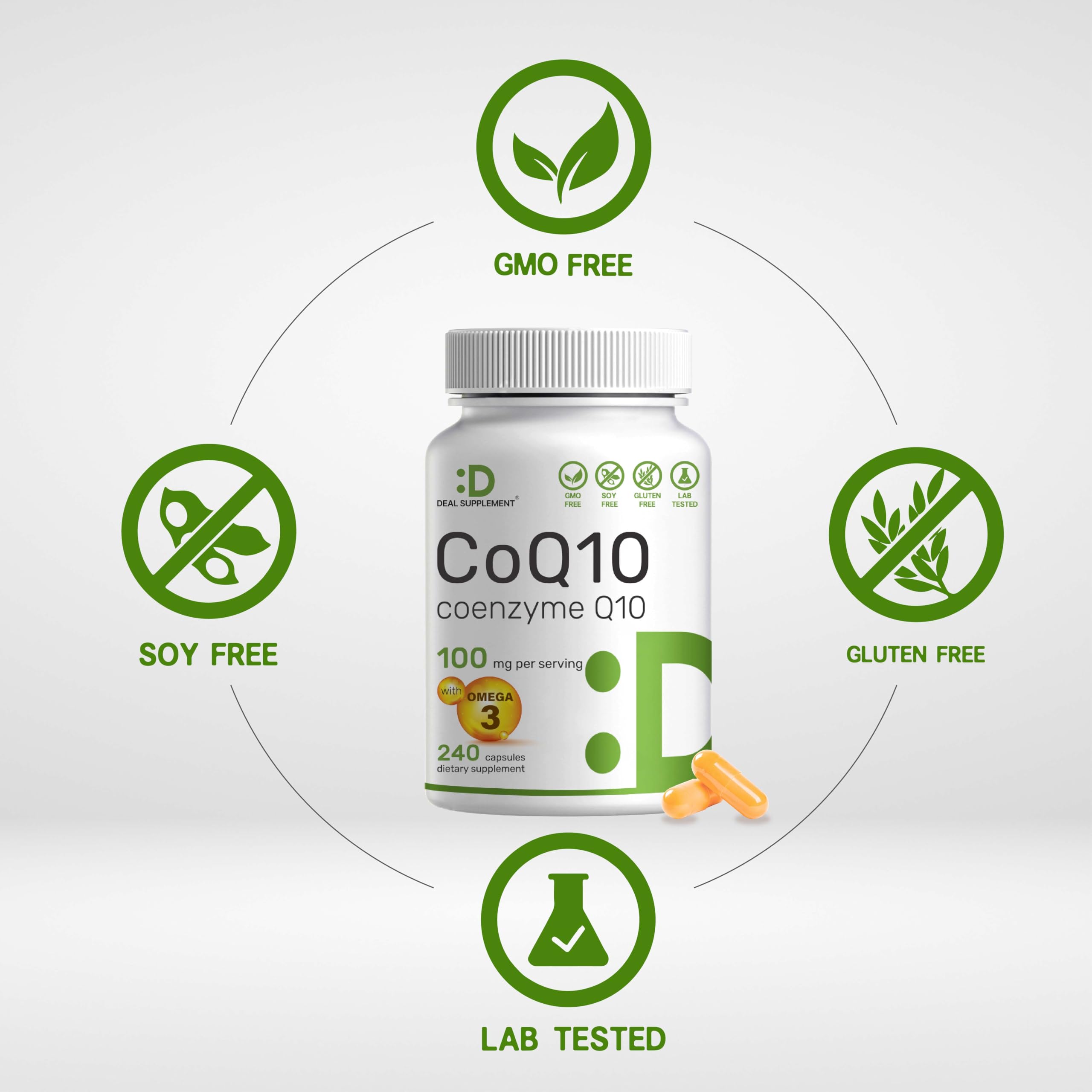 DEAL SUPPLEMENT CoQ10 with Omega 3 bottle side view