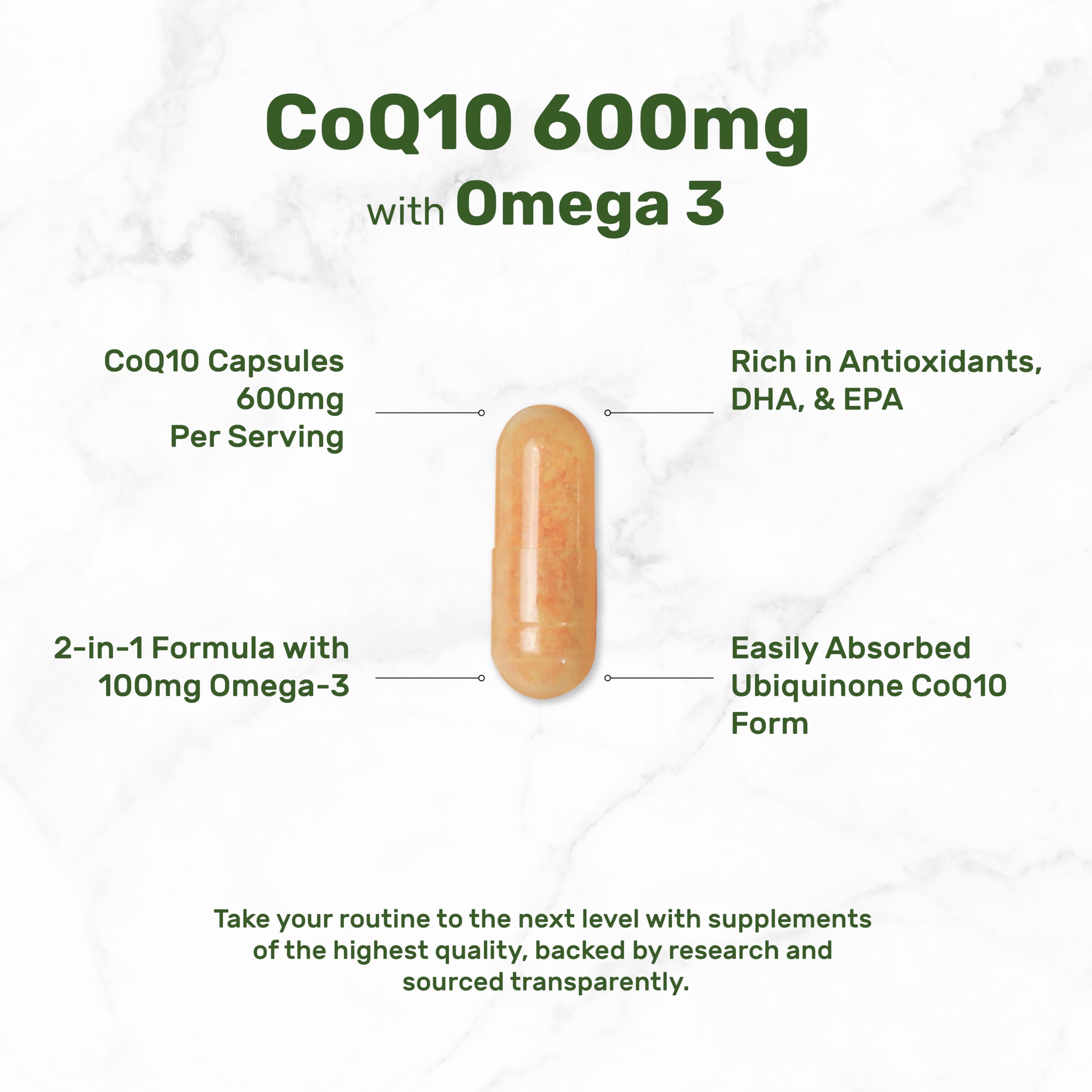 DEAL SUPPLEMENT CoQ10 with Omega 3 capsules on a wooden table